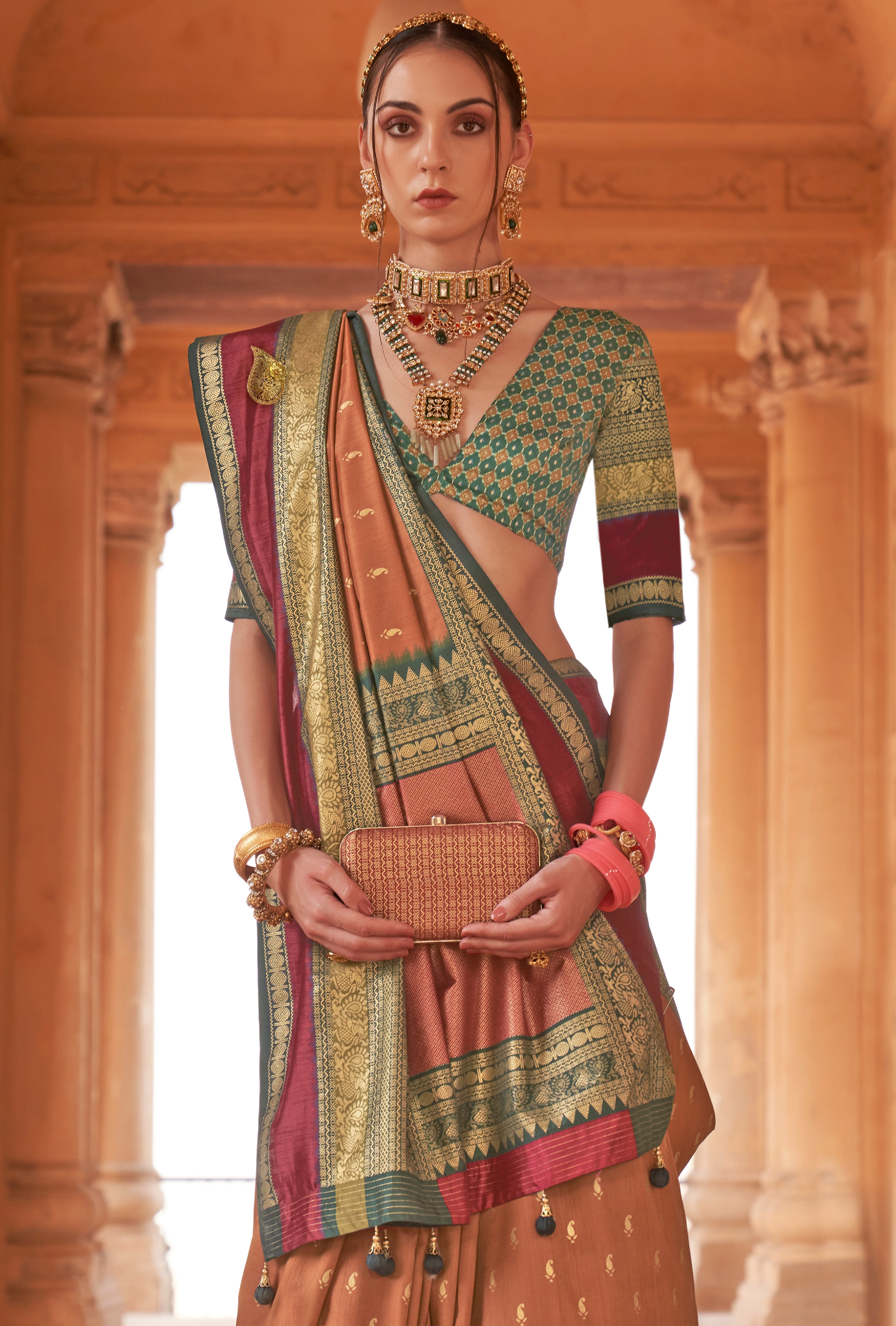 Rust Silk Saree with Jacquard Woven Work