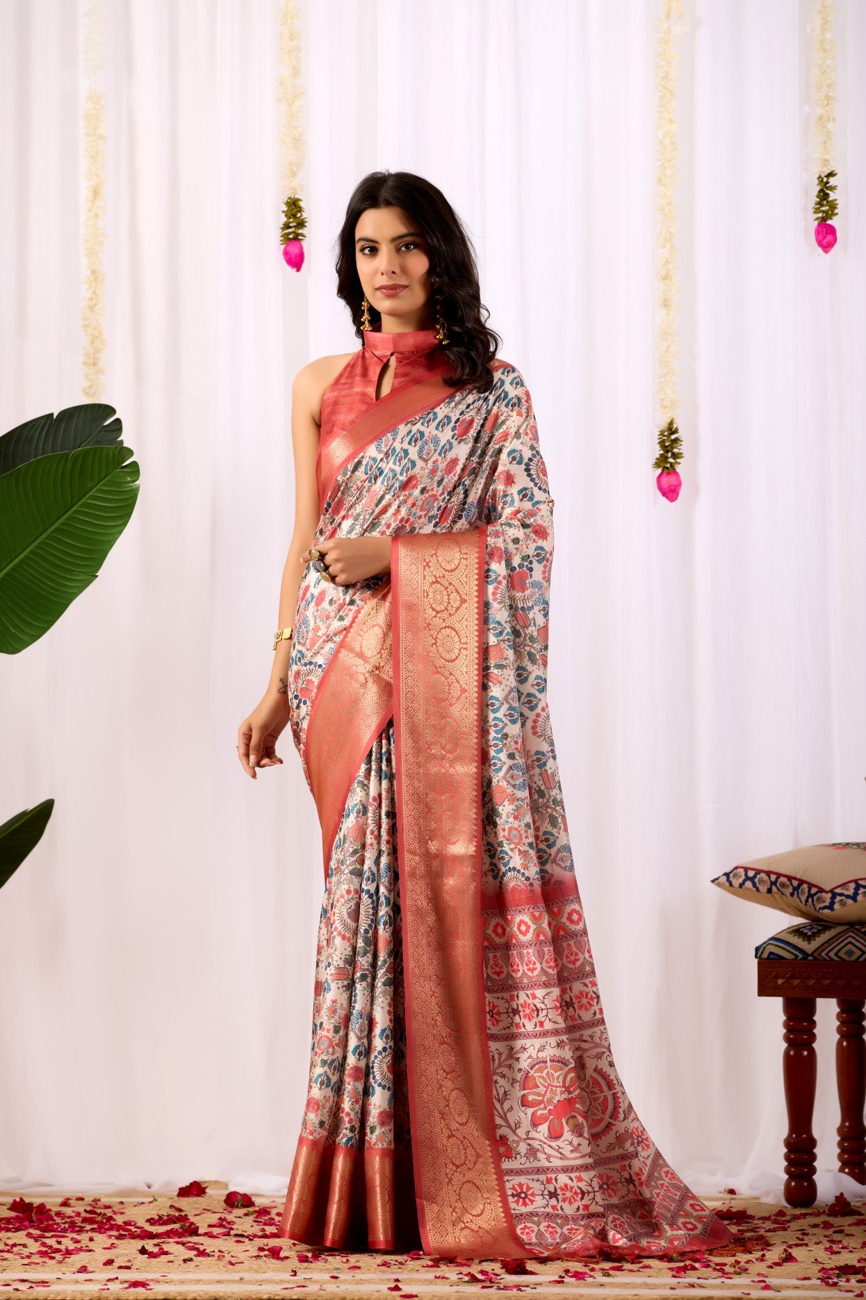 Rust Soft Lichi Silk Saree With Digital Printed Classic Traditional Saree