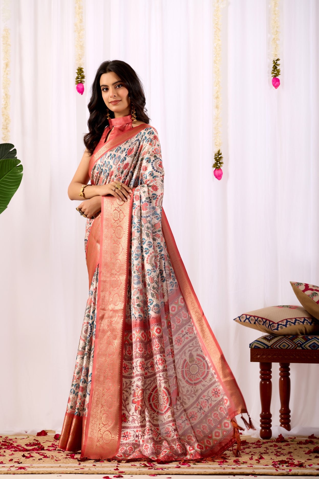 Rust Soft Lichi Silk Saree With Digital Printed Classic Traditional Saree