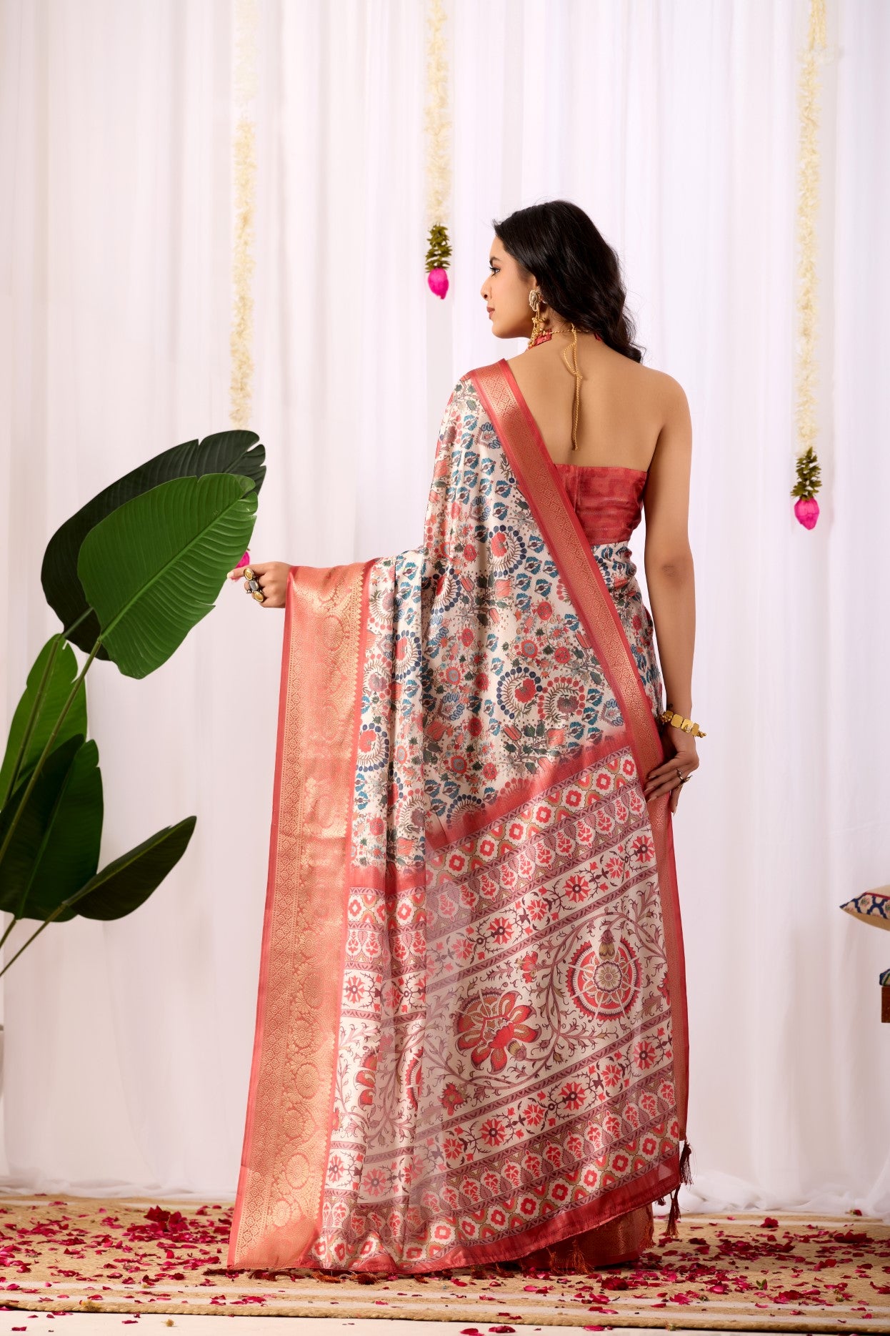 Rust Soft Lichi Silk Saree With Digital Printed Classic Traditional Saree