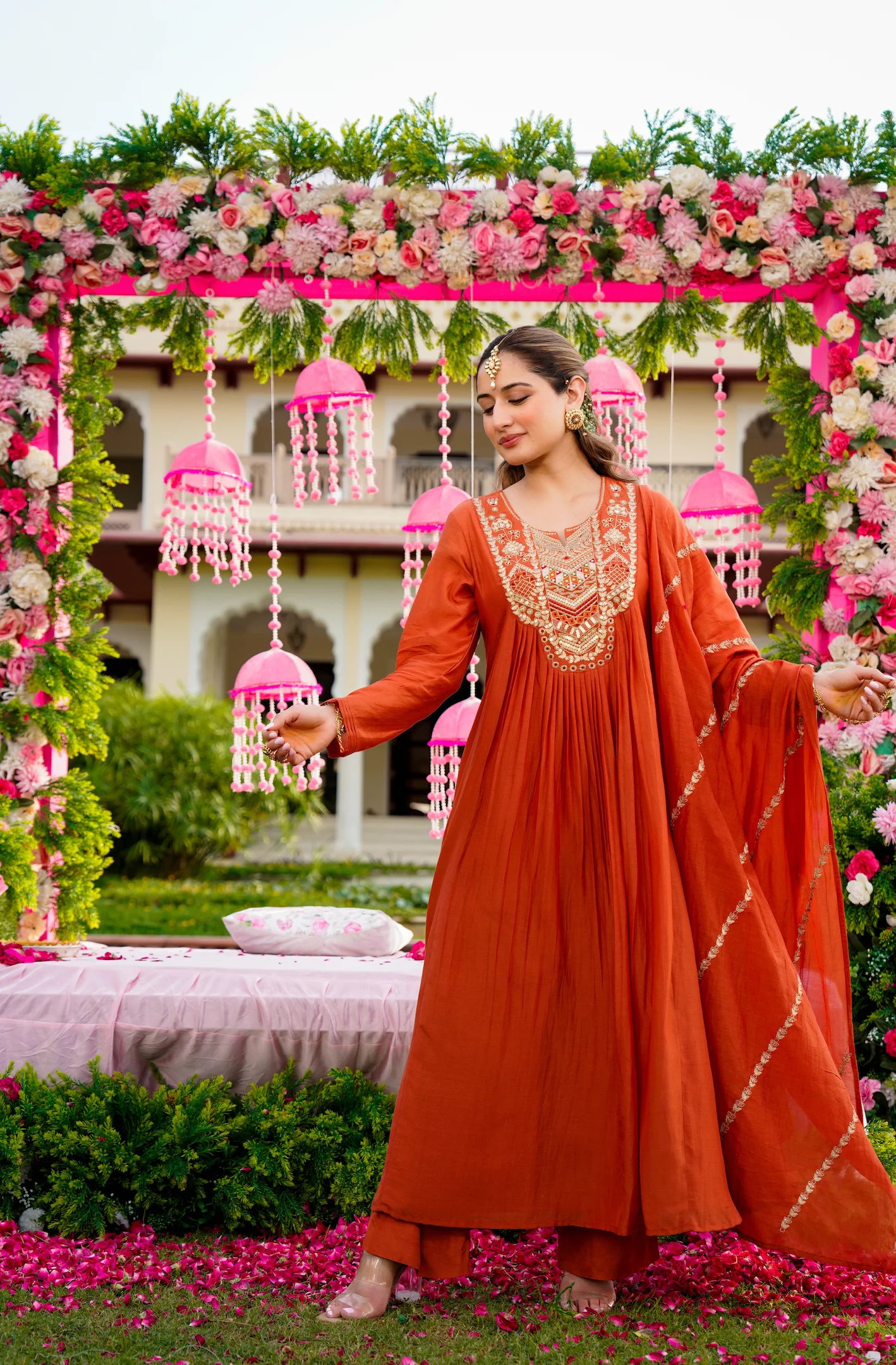 Rust Vichitra Silk Kurta Pant Set With Heavy Thread Embroidery Work