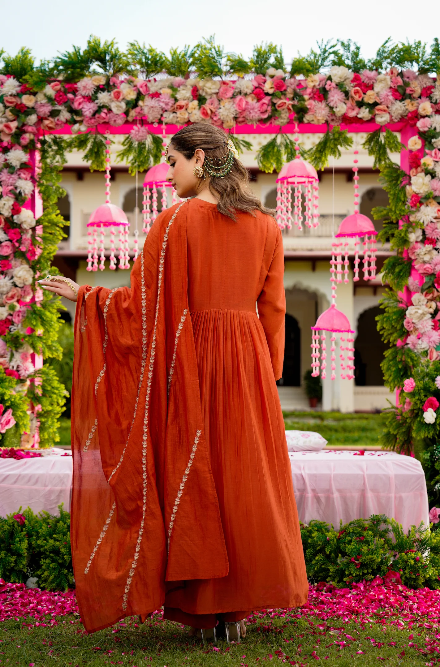 Rust Vichitra Silk Kurta Pant Set With Heavy Thread Embroidery Work