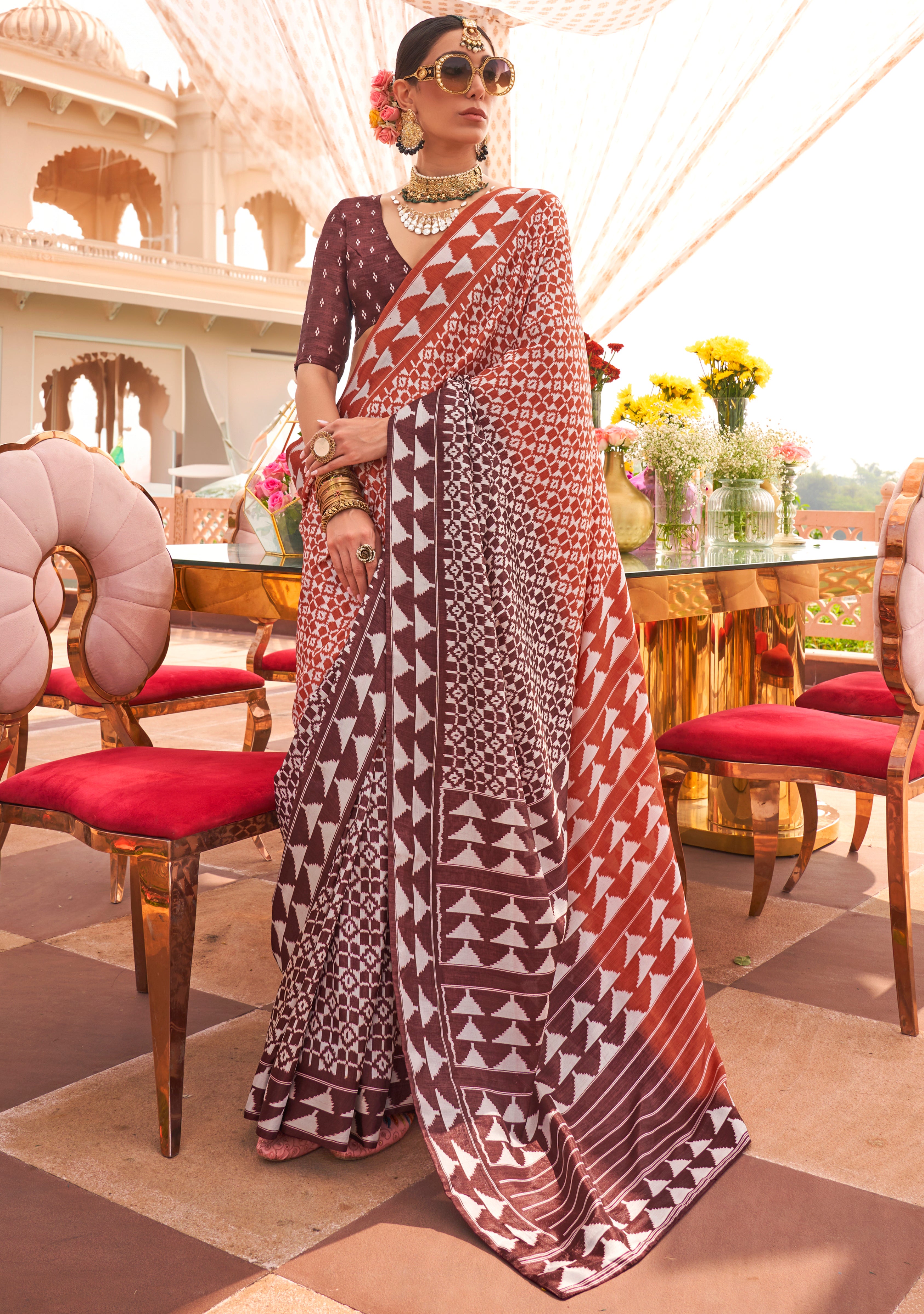 Rust and Chocolate Silk Saree With Patola Print