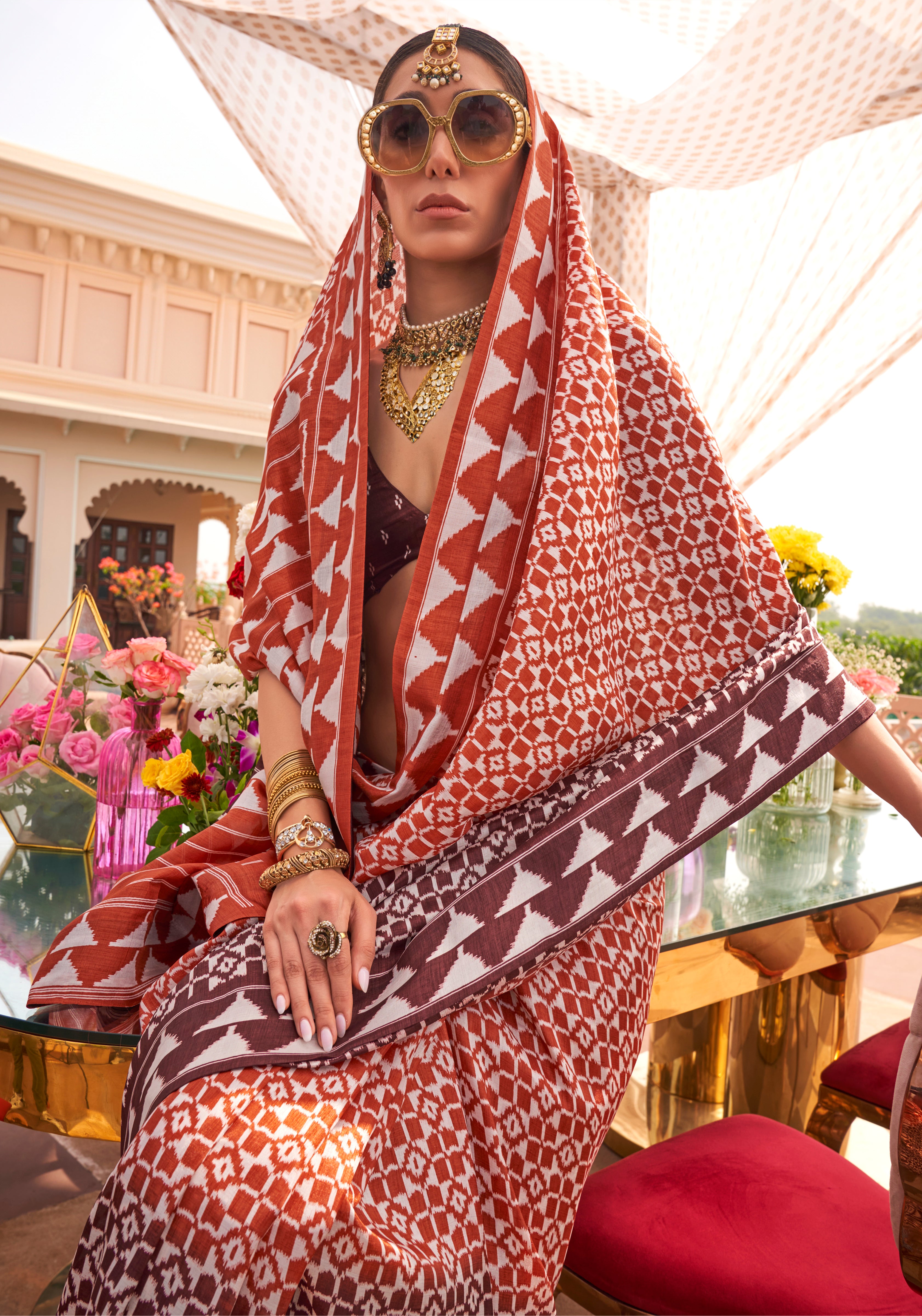 Rust and Chocolate Silk Saree With Patola Print