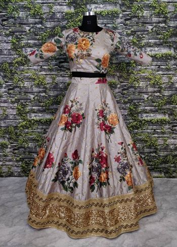 Sabyasachi Gray Floral Digital Printed Art Silk Bridal Lehenga Choli