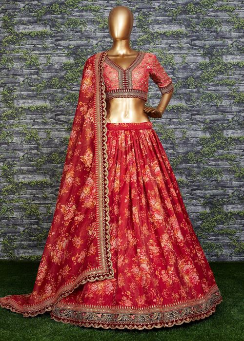 Sabyasachi Maroon Floral Printed Organza Bridal Lehenga Choli