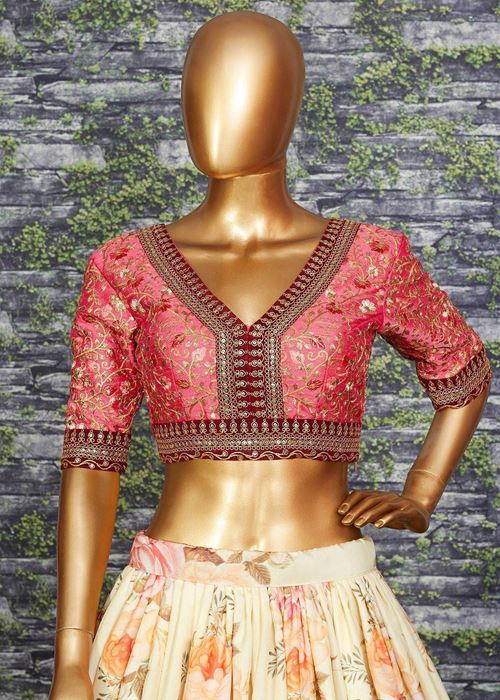 Sabyasachi Off White Floral Printed Organza Bridal Lehenga Choli