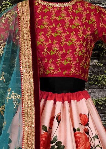 Sabyasachi Pink Rose Digital Floral Print Silk Lehenga Choli