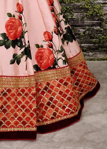 Sabyasachi Pink Rose Digital Floral Print Silk Lehenga Choli
