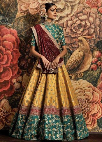 Sabyasachi Teal Green-Yellow Bridal Lehenga Choli With Dupatta