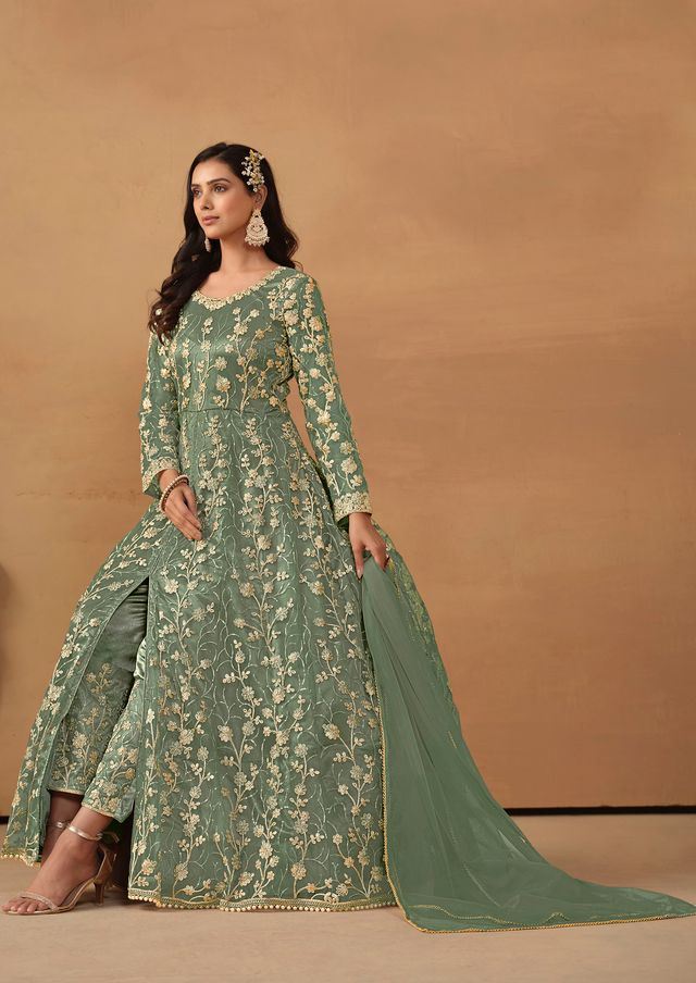 Sage Green Anarkali Suit With Heavy Thread Embroidery With Sequis Work