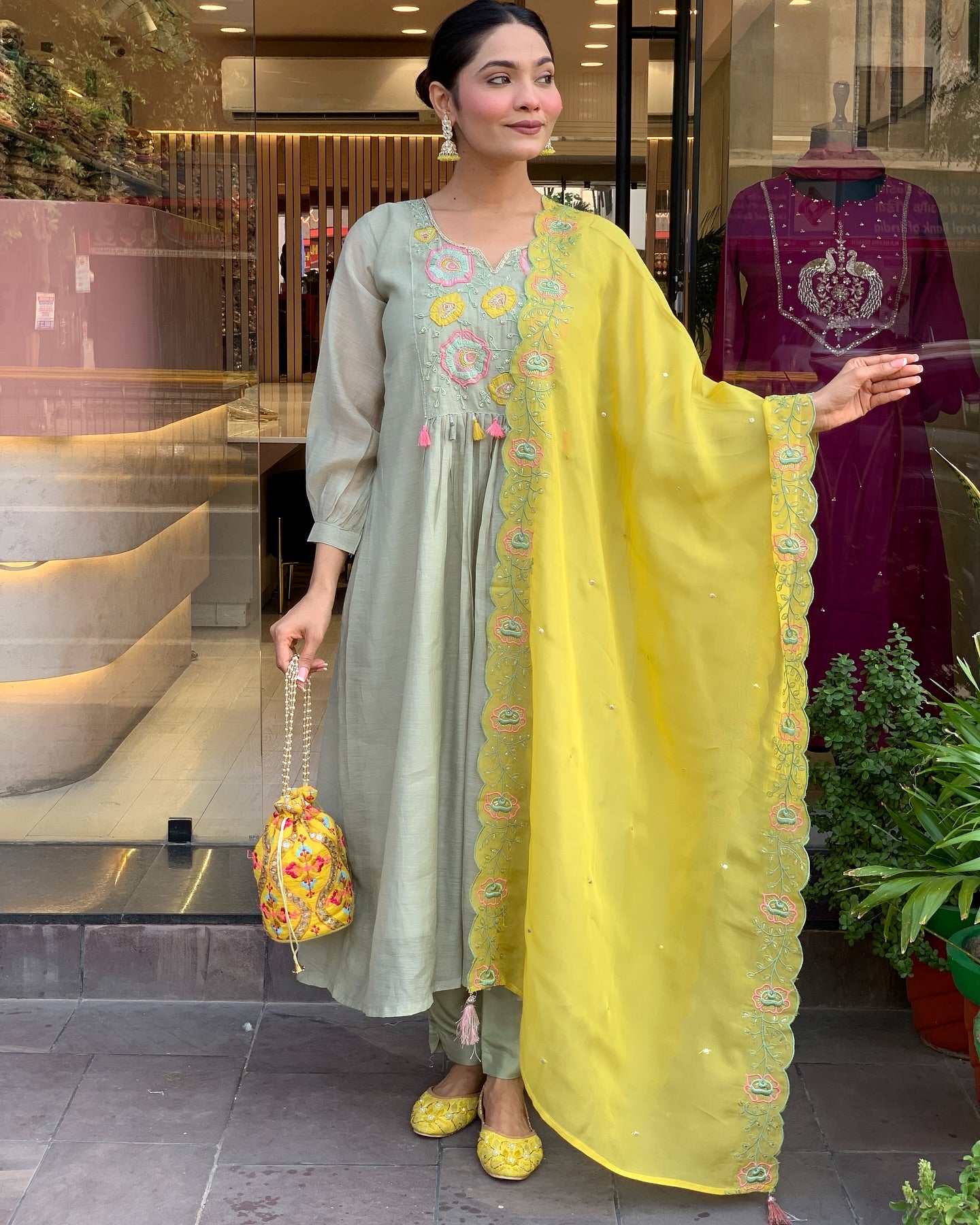 Sage Green Parampara Silk Kurta Pant Set With Heavy Thread Embroidery Work