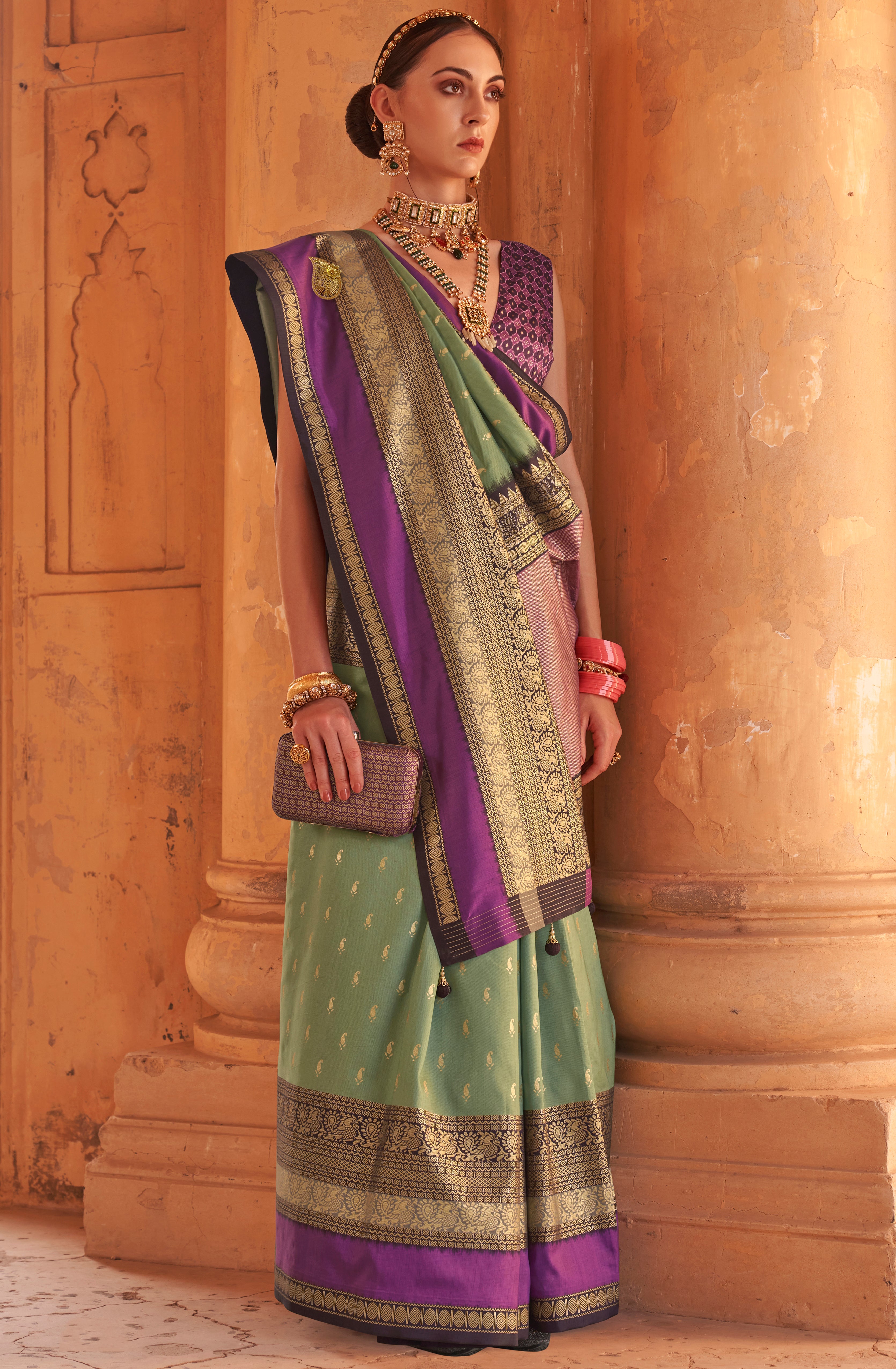 Sage Green Silk Saree with Jacquard Woven Work