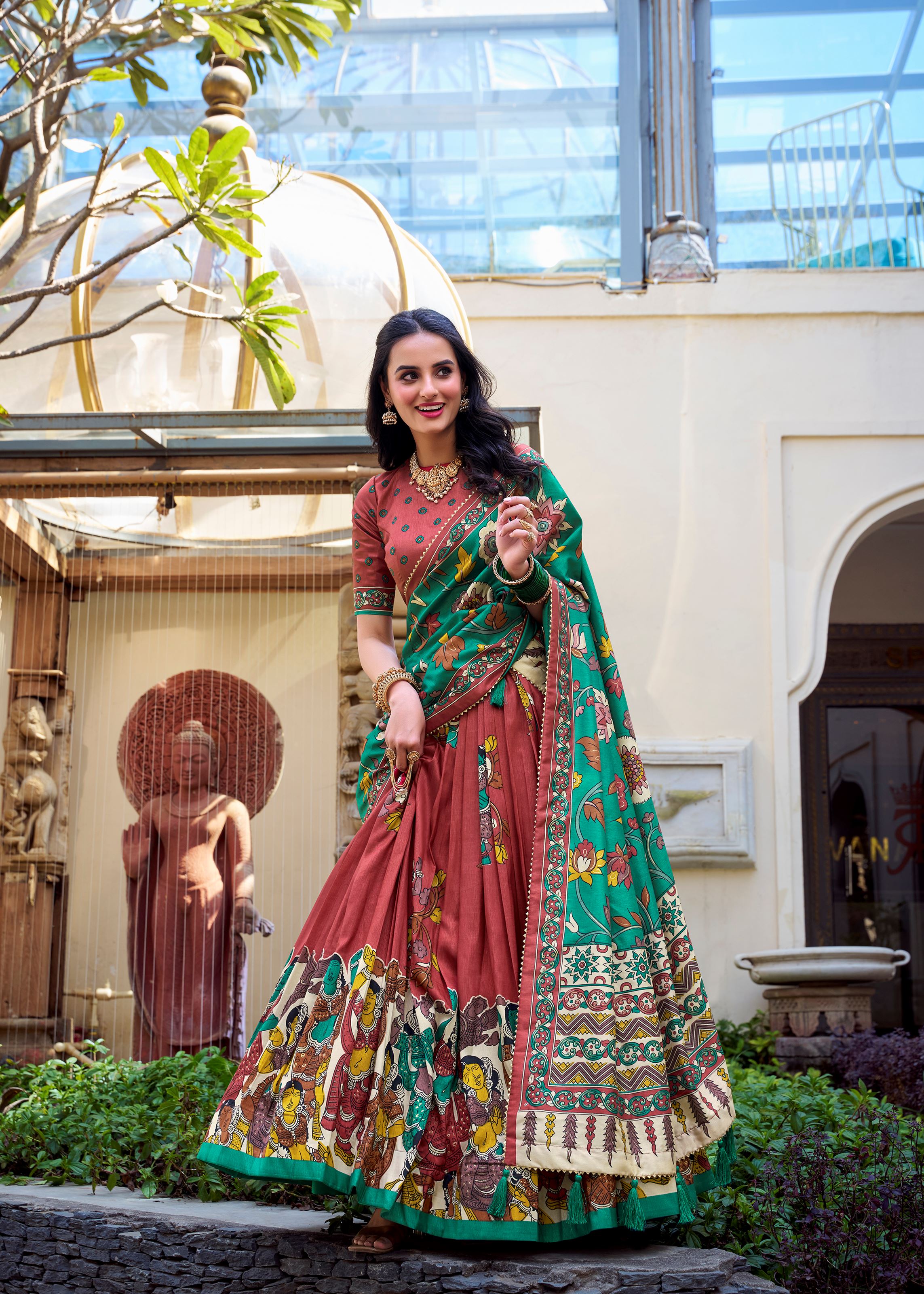 Salmon Elegance Tussar Silk Lehenga with Kalamkari Magic & Gota Patti Glam
