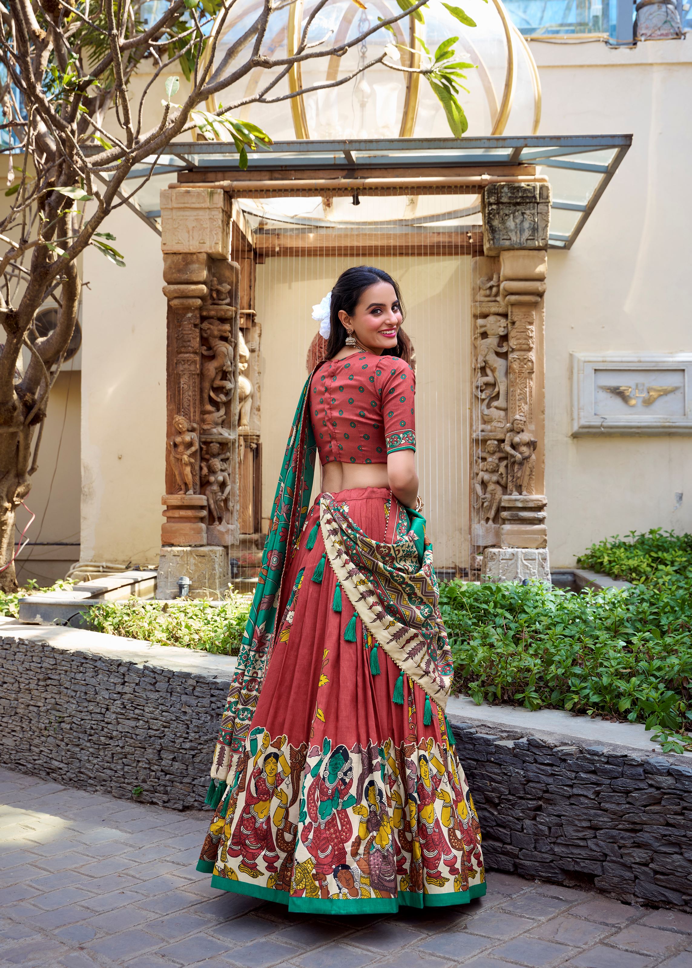Salmon Elegance Tussar Silk Lehenga with Kalamkari Magic & Gota Patti Glam