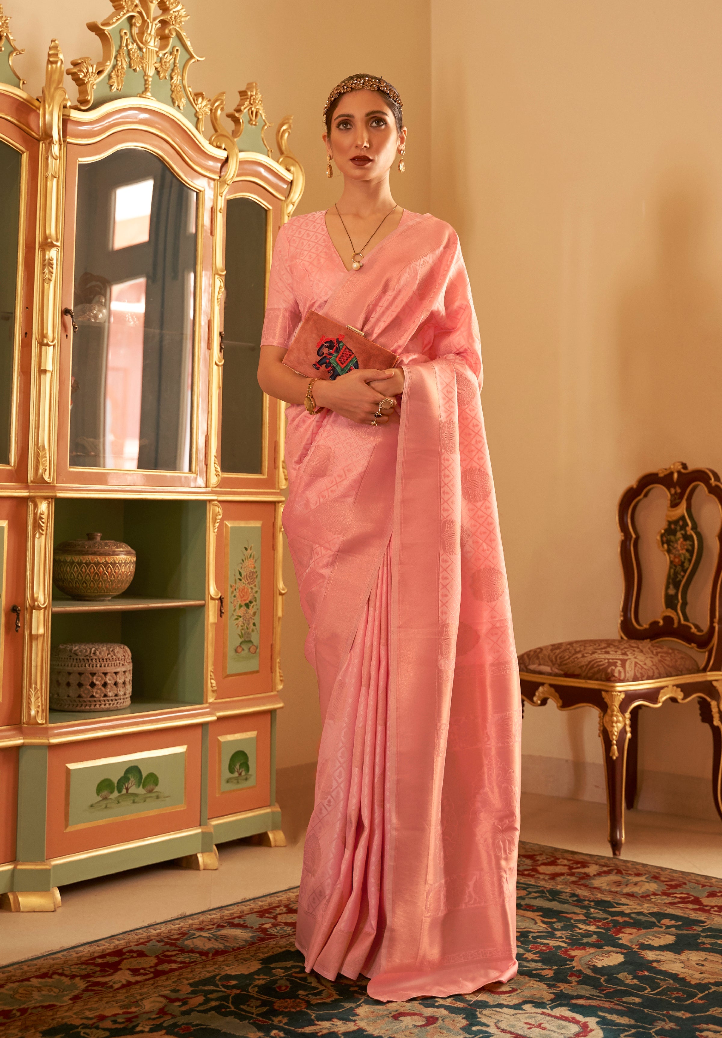 Salmon Handloom Silk Saree With Copper Zari Woven Work