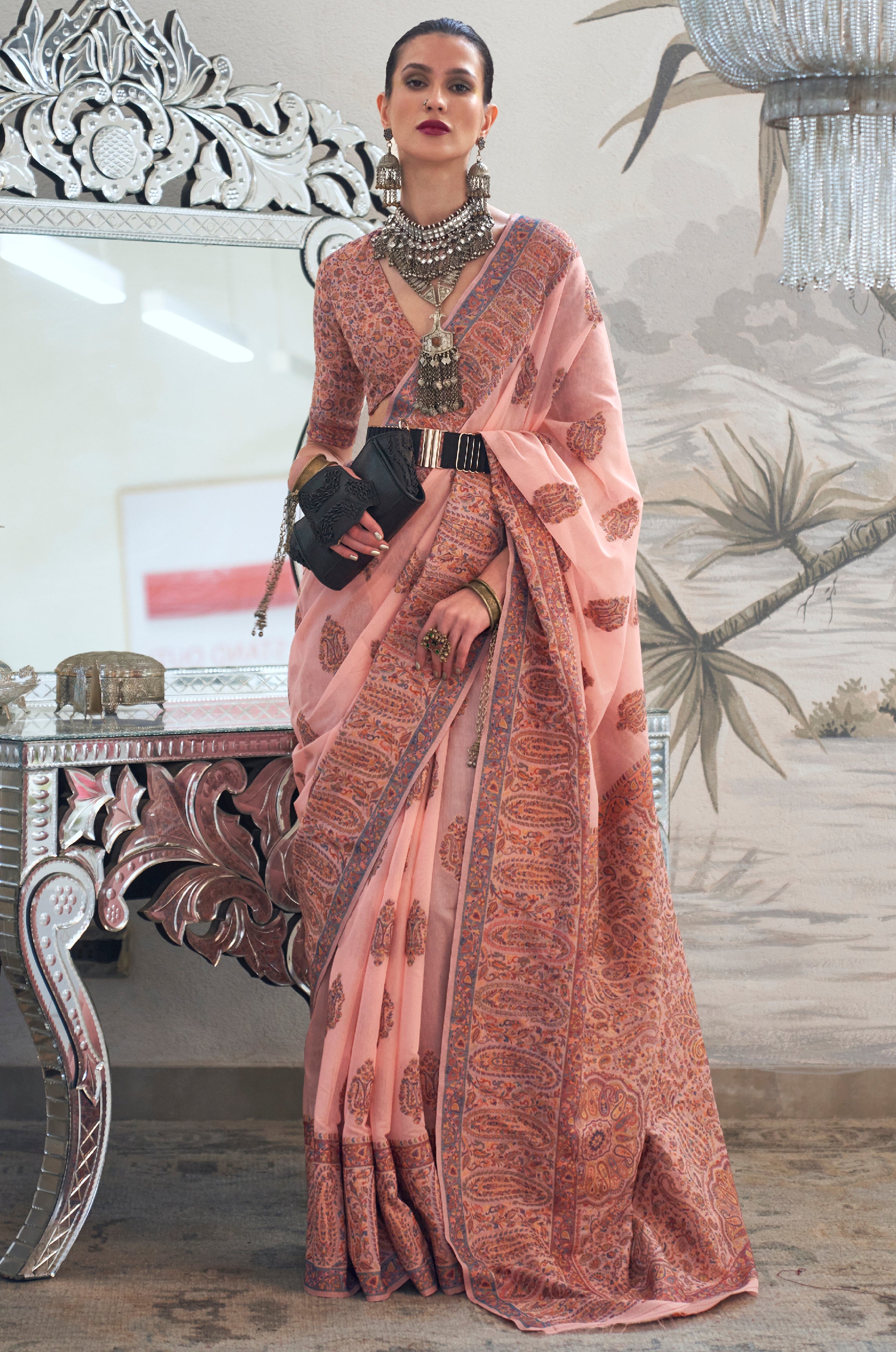 Salmon Kashmiri Silk Saree with Woven Work