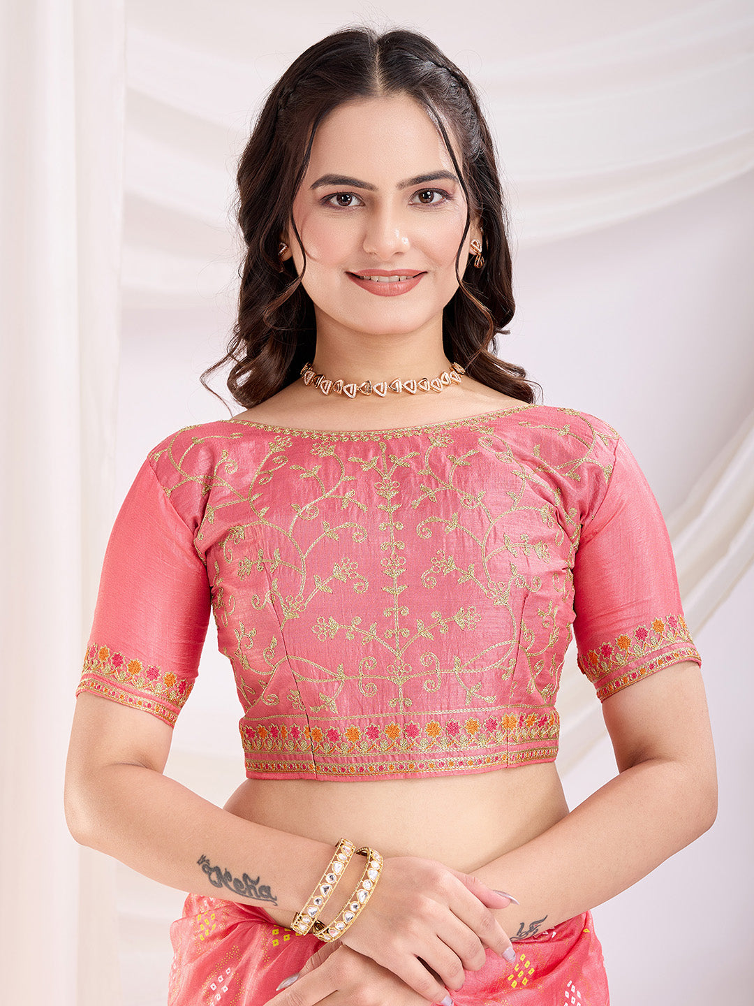 Salmon Pink Beautiful Bandhej Printed With Embroidery Work Vichitra Silk Saree