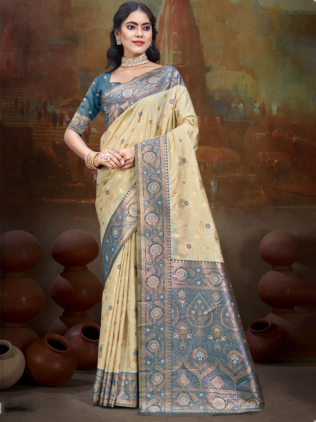 Sandy Beige and Celestial Blue Silk Saree