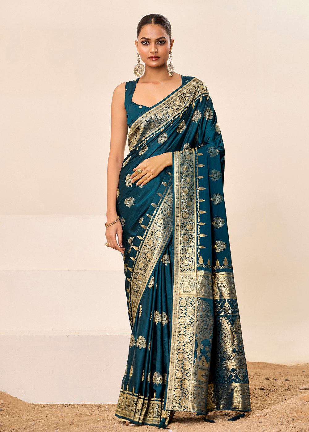 Satin Silk Woven Jacquard Designer Petrol Festive Ceremonial Stylish Saree