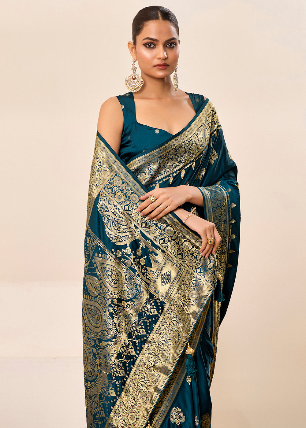 Satin Silk Woven Jacquard Designer Petrol Festive Ceremonial Stylish Saree