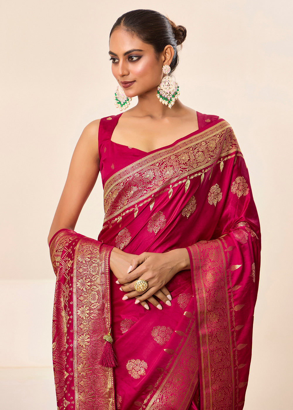 Satin Silk Woven Jacquard Designer Pink Festive Ceremonial Stylish Saree