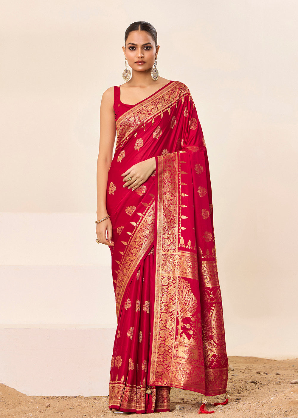 Satin Silk Woven Jacquard Designer Red Festive Ceremonial Stylish Saree