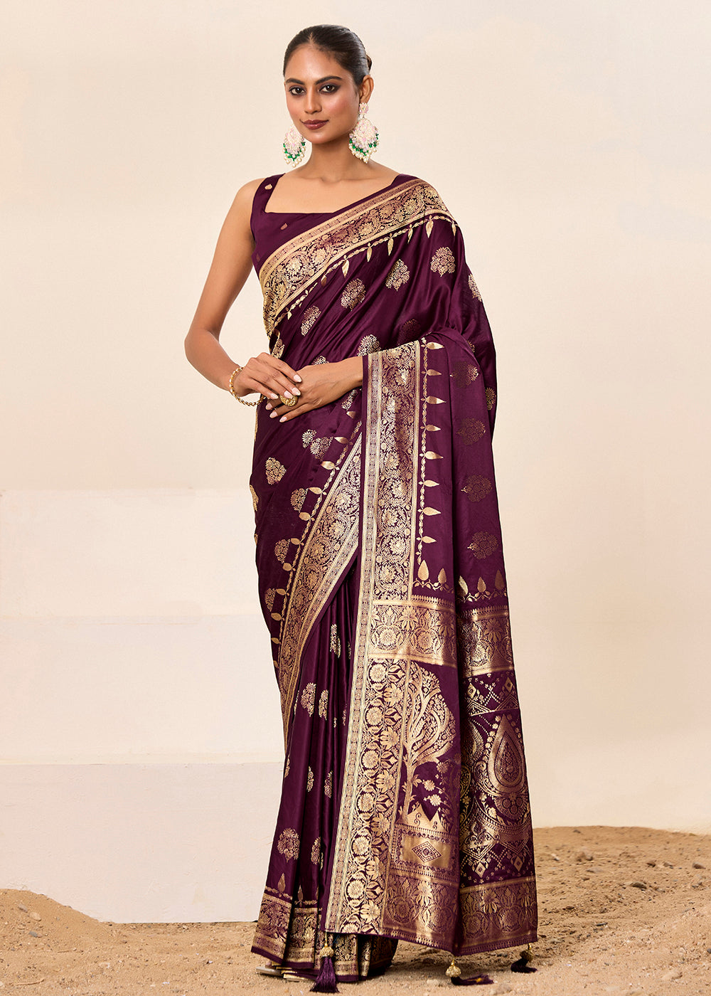 Satin Silk Woven Jacquard Designer Wine Festive Ceremonial Stylish Saree
