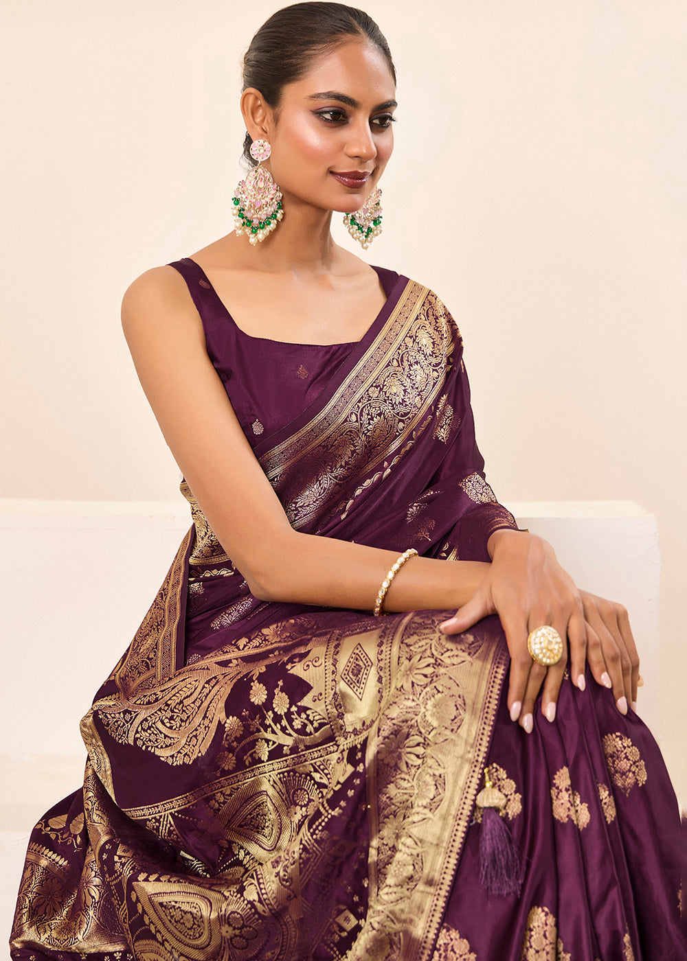 Satin Silk Woven Jacquard Designer Wine Festive Ceremonial Stylish Saree