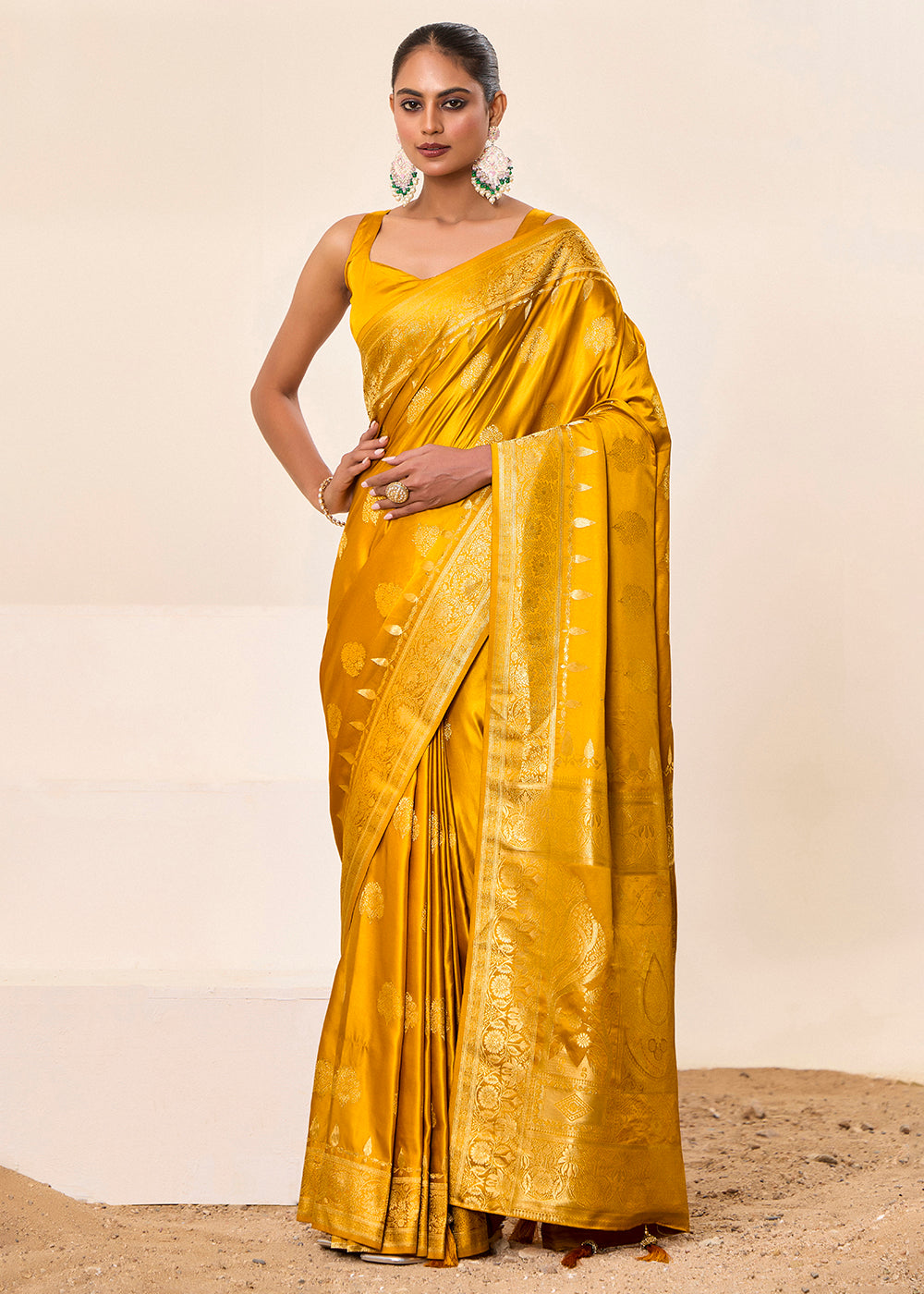 Satin Silk Woven Jacquard Designer Yellow Festive Ceremonial Stylish Saree
