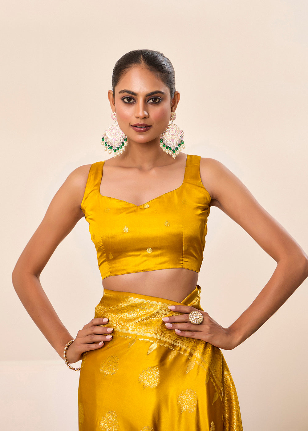 Satin Silk Woven Jacquard Designer Yellow Festive Ceremonial Stylish Saree