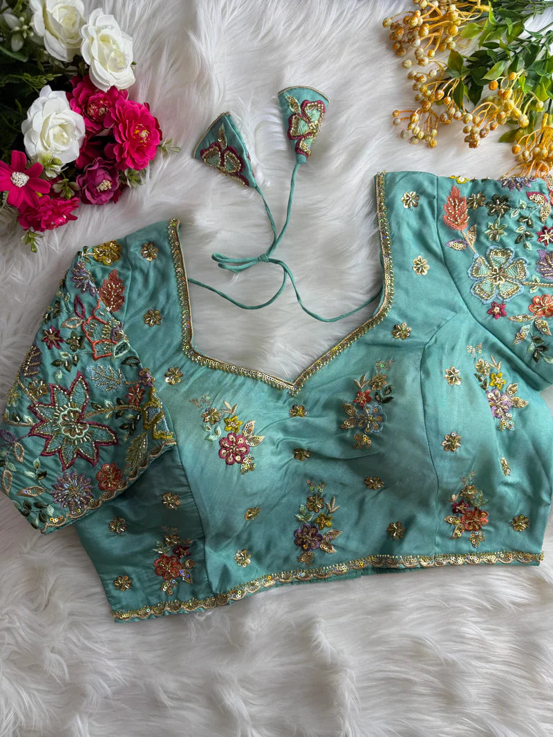 Sea Blue Pure Silk Designer Blouse with Handwork & Sequins Sleeves for Women