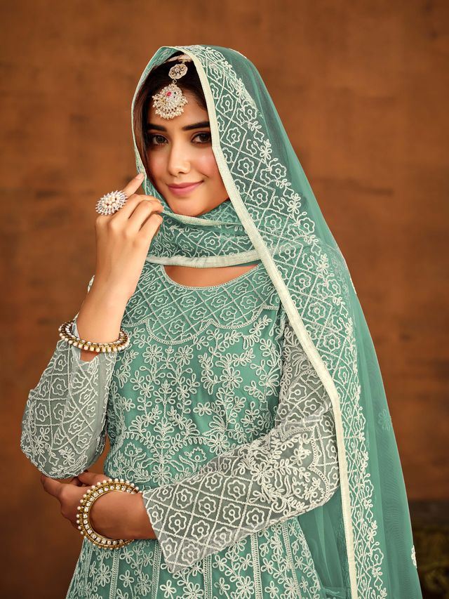 Sea Green Anarkali Suit With Heavy Thread Embroidery Work