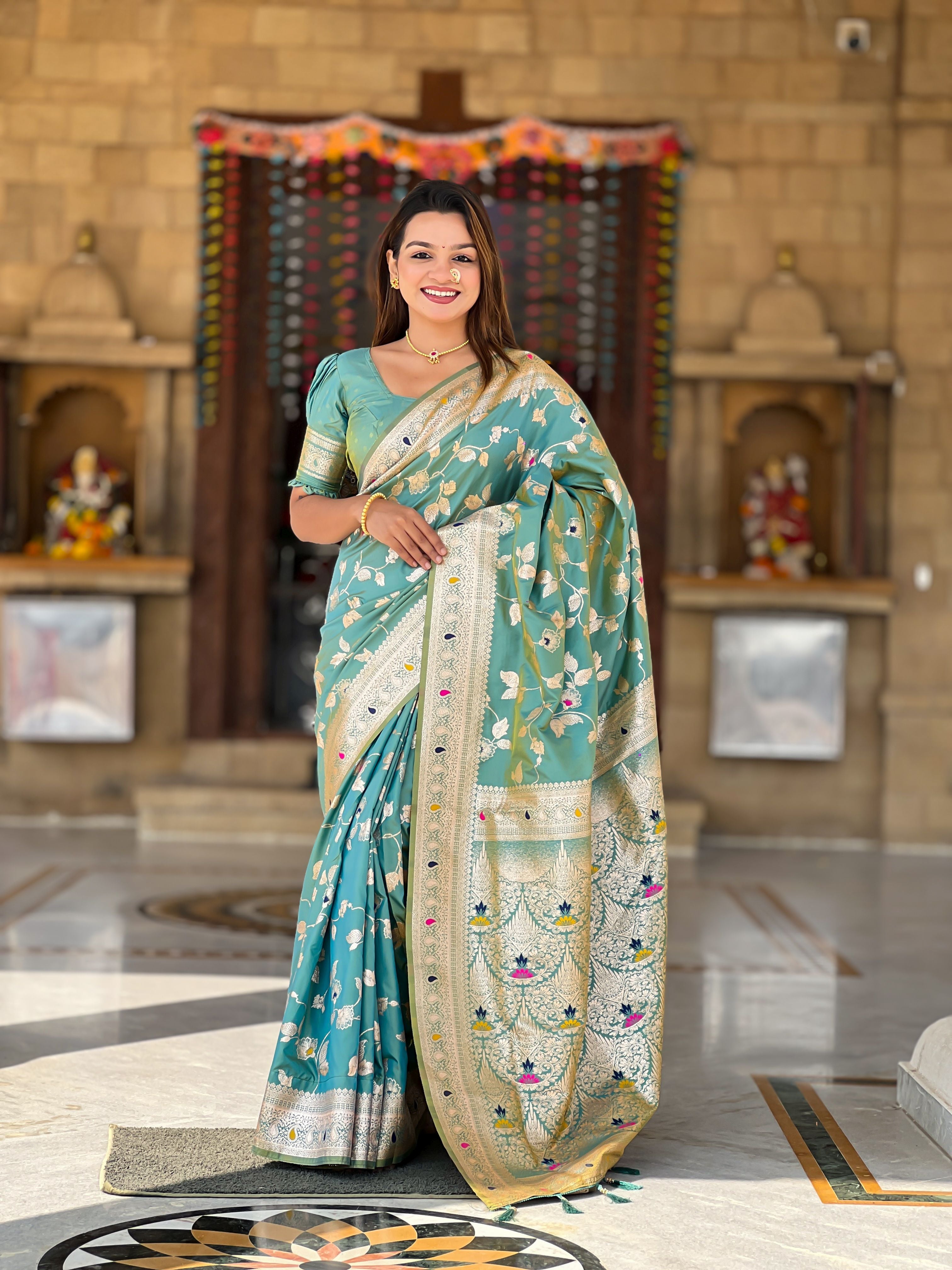 Sea Green Banarasi Silk Woven Jacquard Designer Ceremonial Partywear Saree