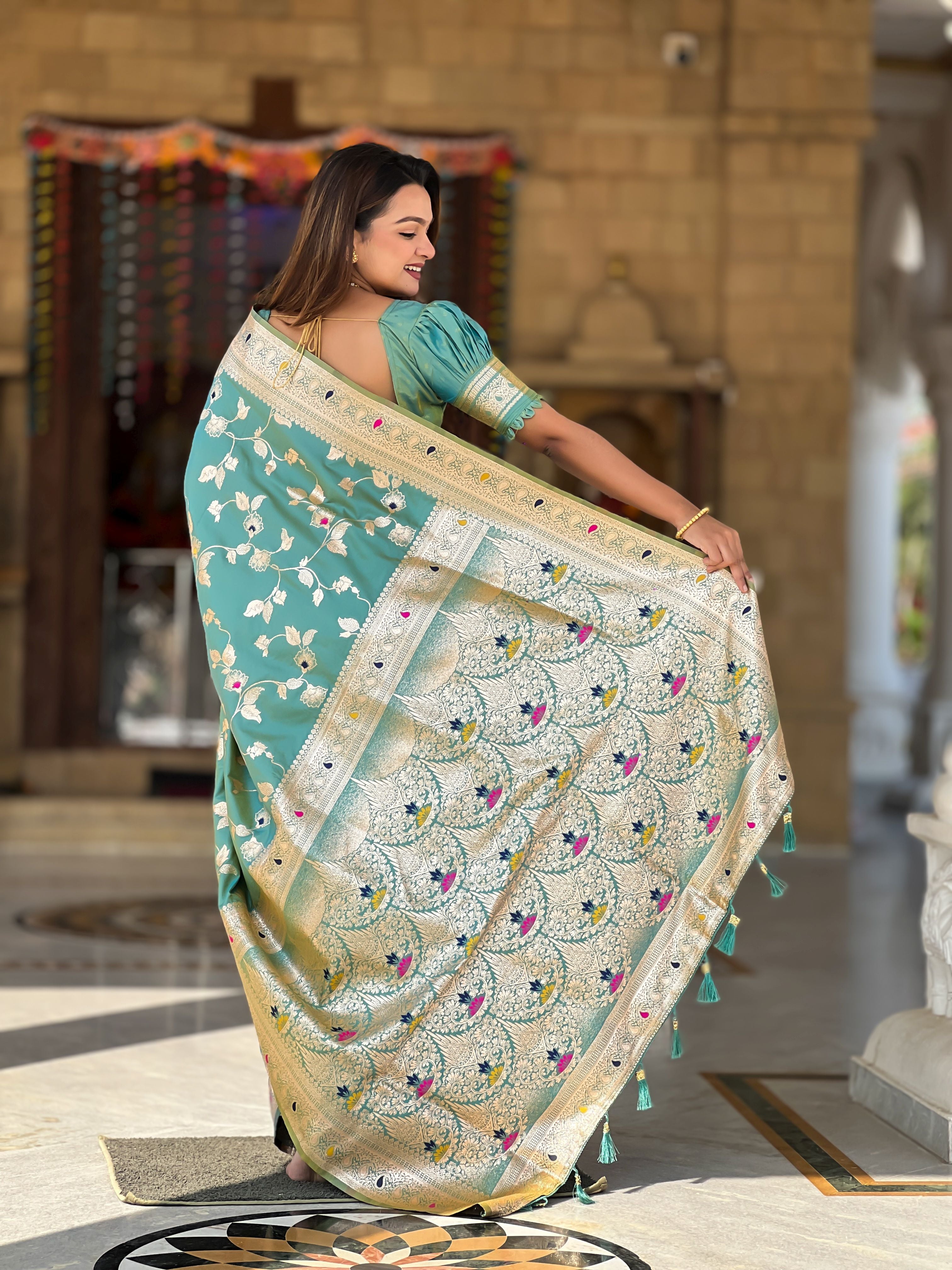 Sea Green Banarasi Silk Woven Jacquard Designer Ceremonial Partywear Saree