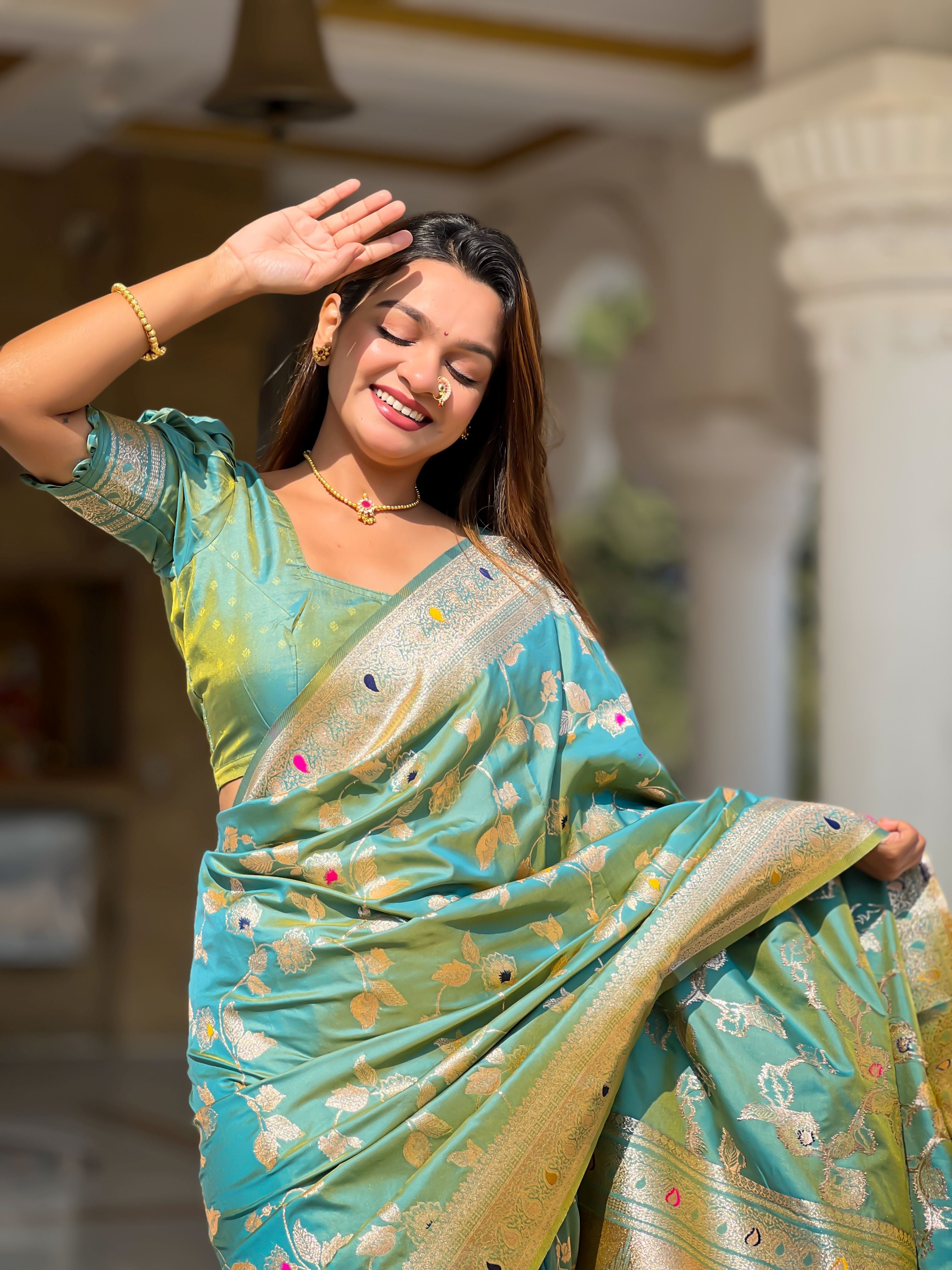 Sea Green Banarasi Silk Woven Jacquard Designer Ceremonial Partywear Saree