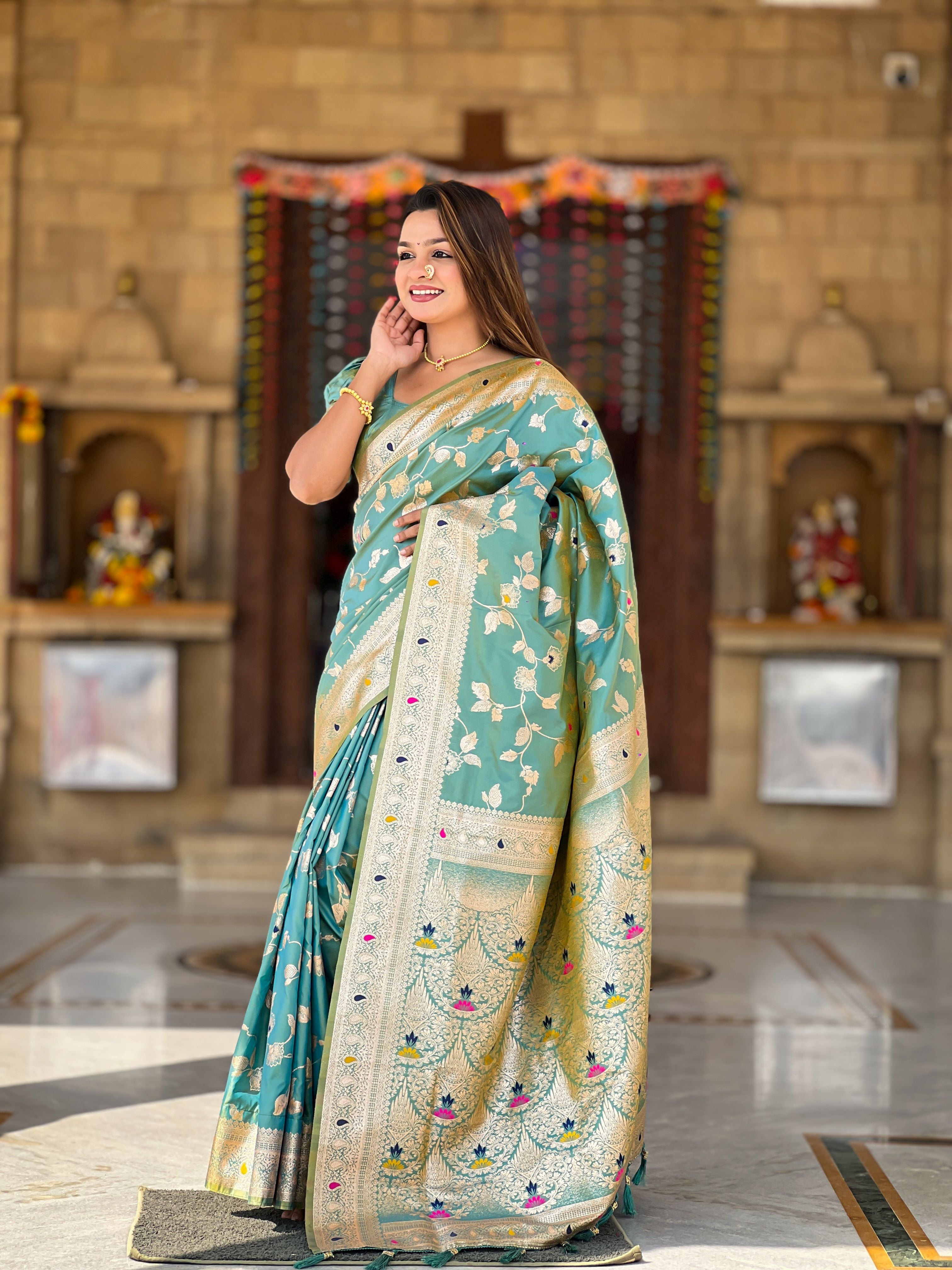 Sea Green Banarasi Silk Woven Jacquard Designer Ceremonial Partywear Saree