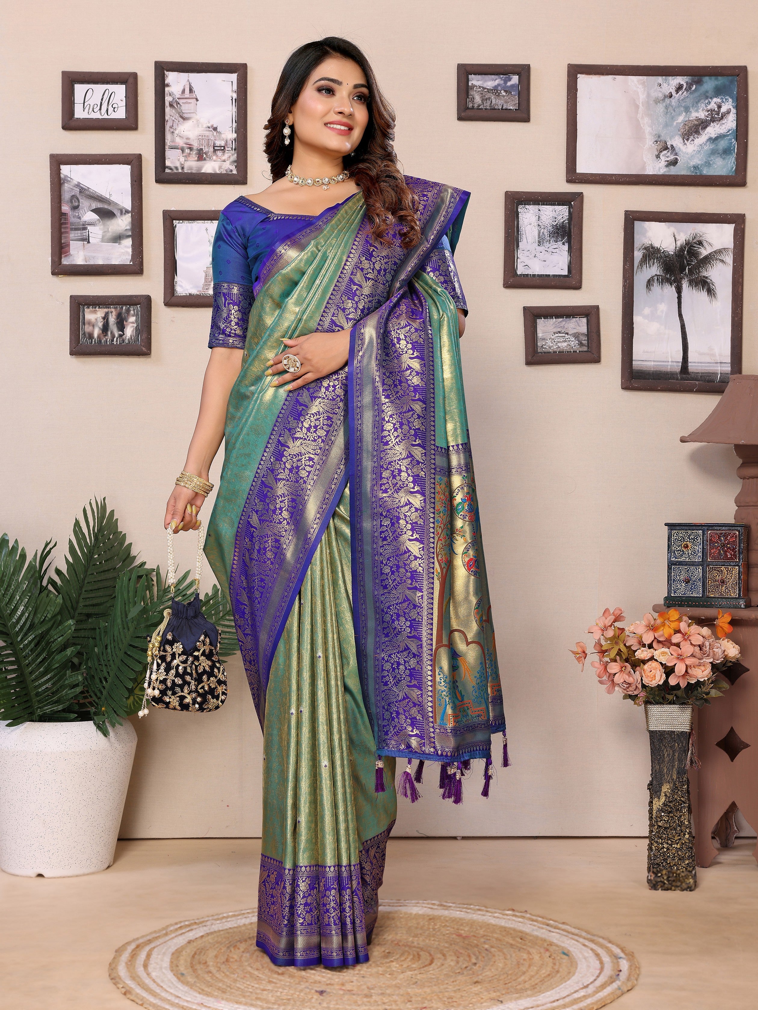 Sea Green Banarasi Tissue Silk Heavy Woven Jari Designer Ceremonial Saree