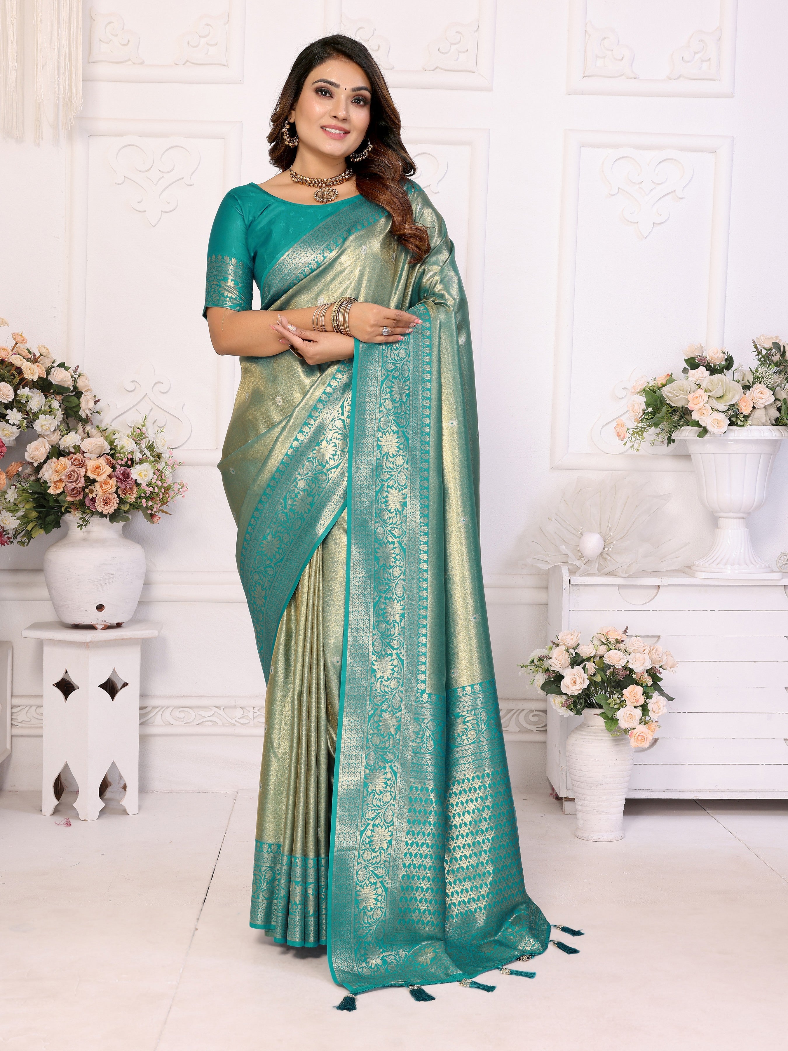 Sea Green Banarasi Tissue Silk Woven Jari Heavy Designer Saree