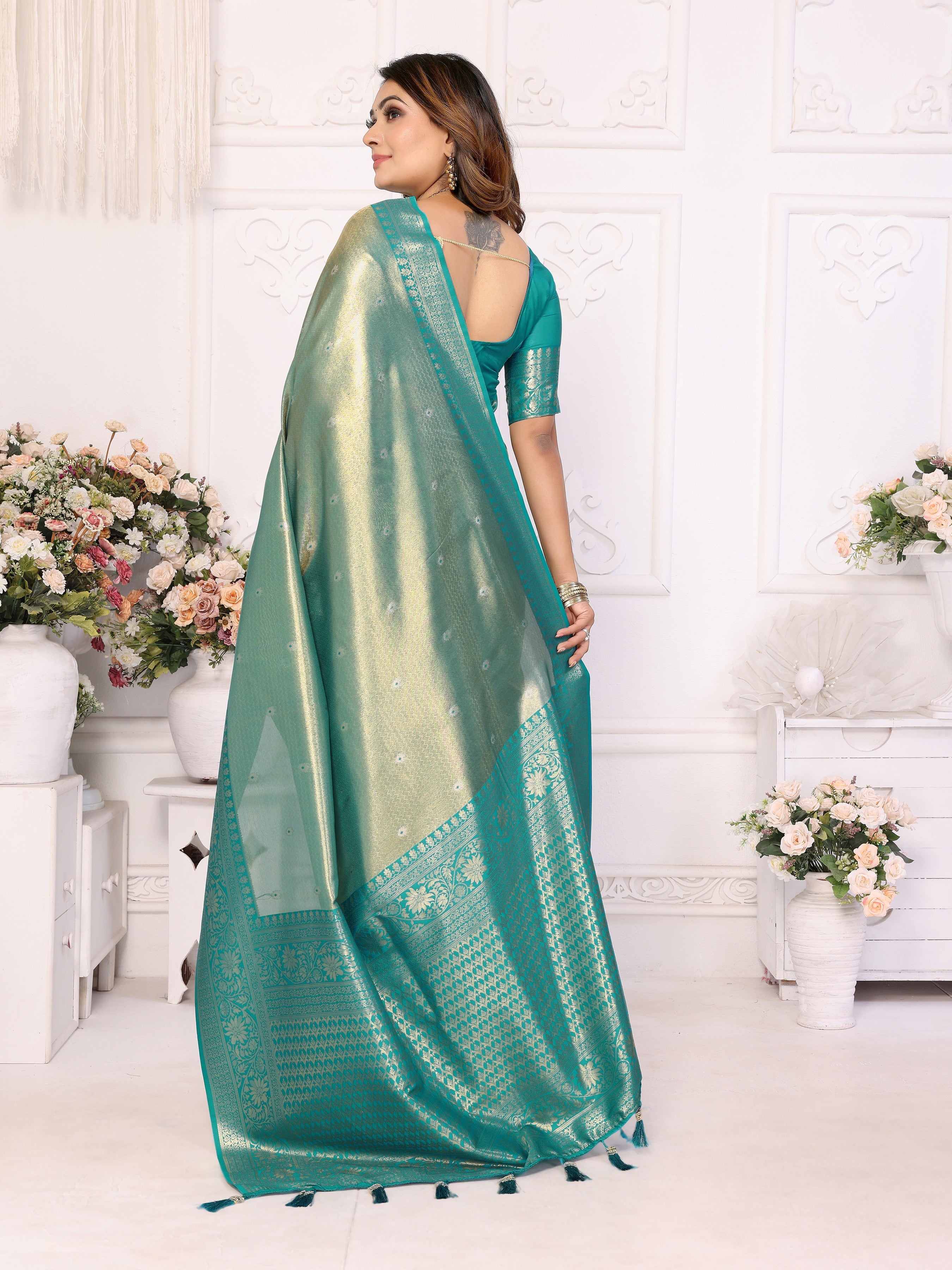 Sea Green Banarasi Tissue Silk Woven Jari Heavy Designer Saree