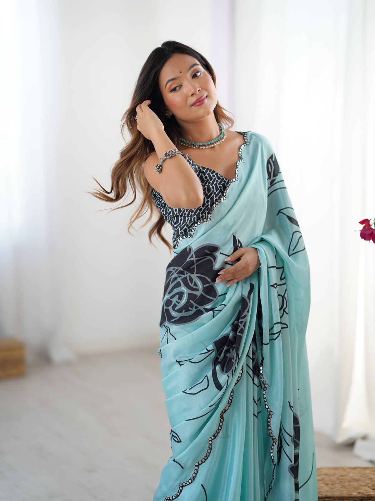 Sea Green Beautiful Chinon Smart Printed Festive Wear Ceremonial Saree