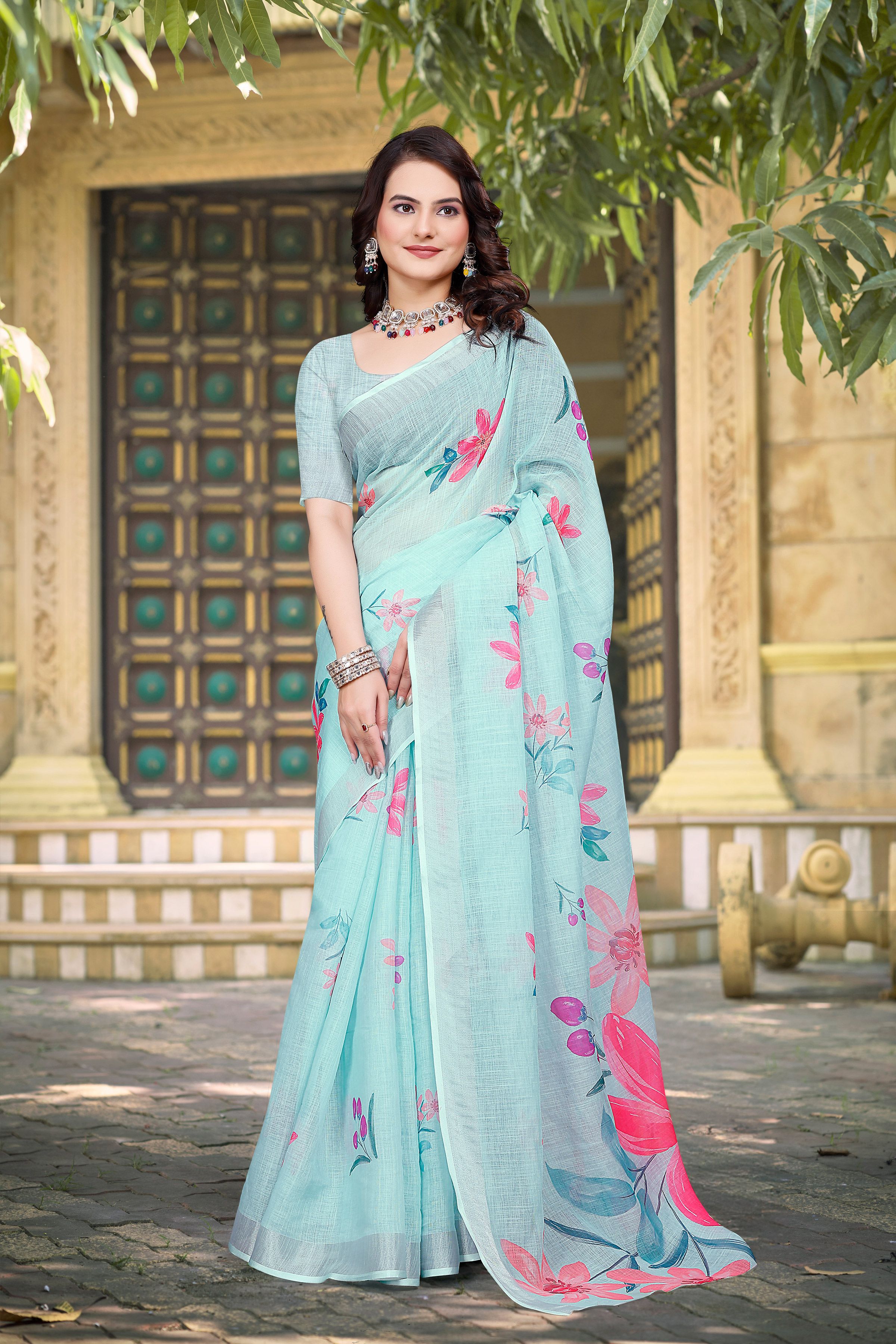 Sea Green Beautiful Designer Printed Saree With Woven Border