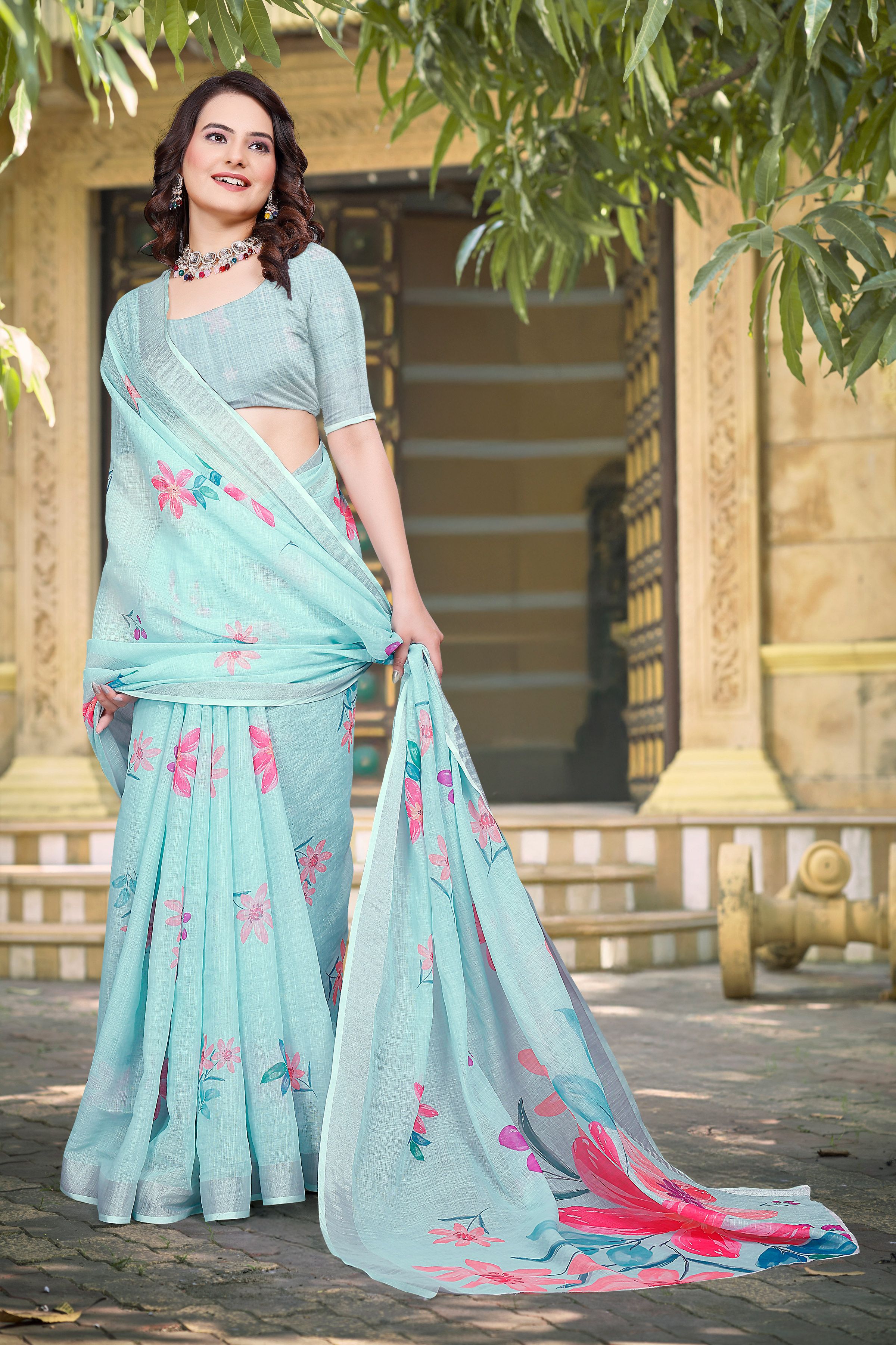Sea Green Beautiful Designer Printed Saree With Woven Border