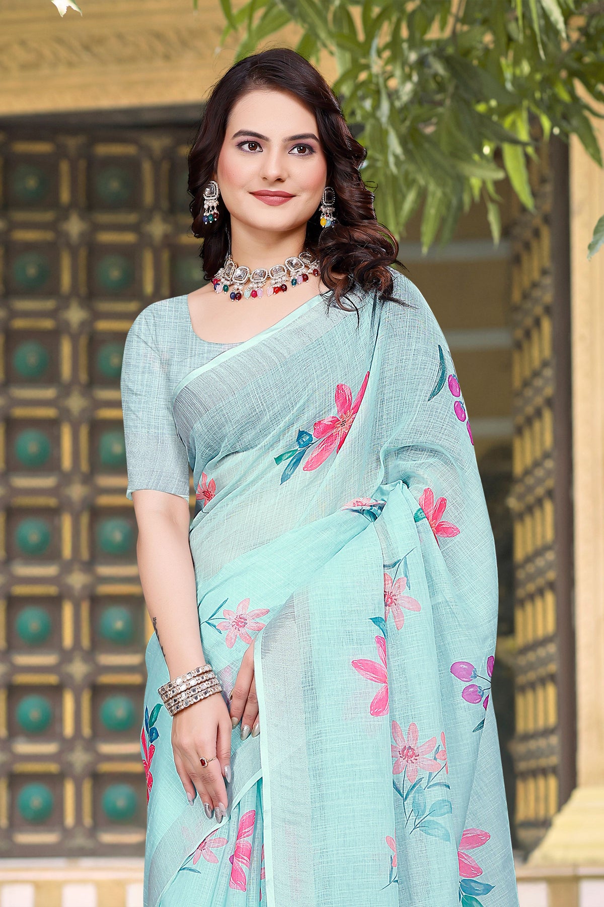 Sea Green Beautiful Designer Printed Saree With Woven Border