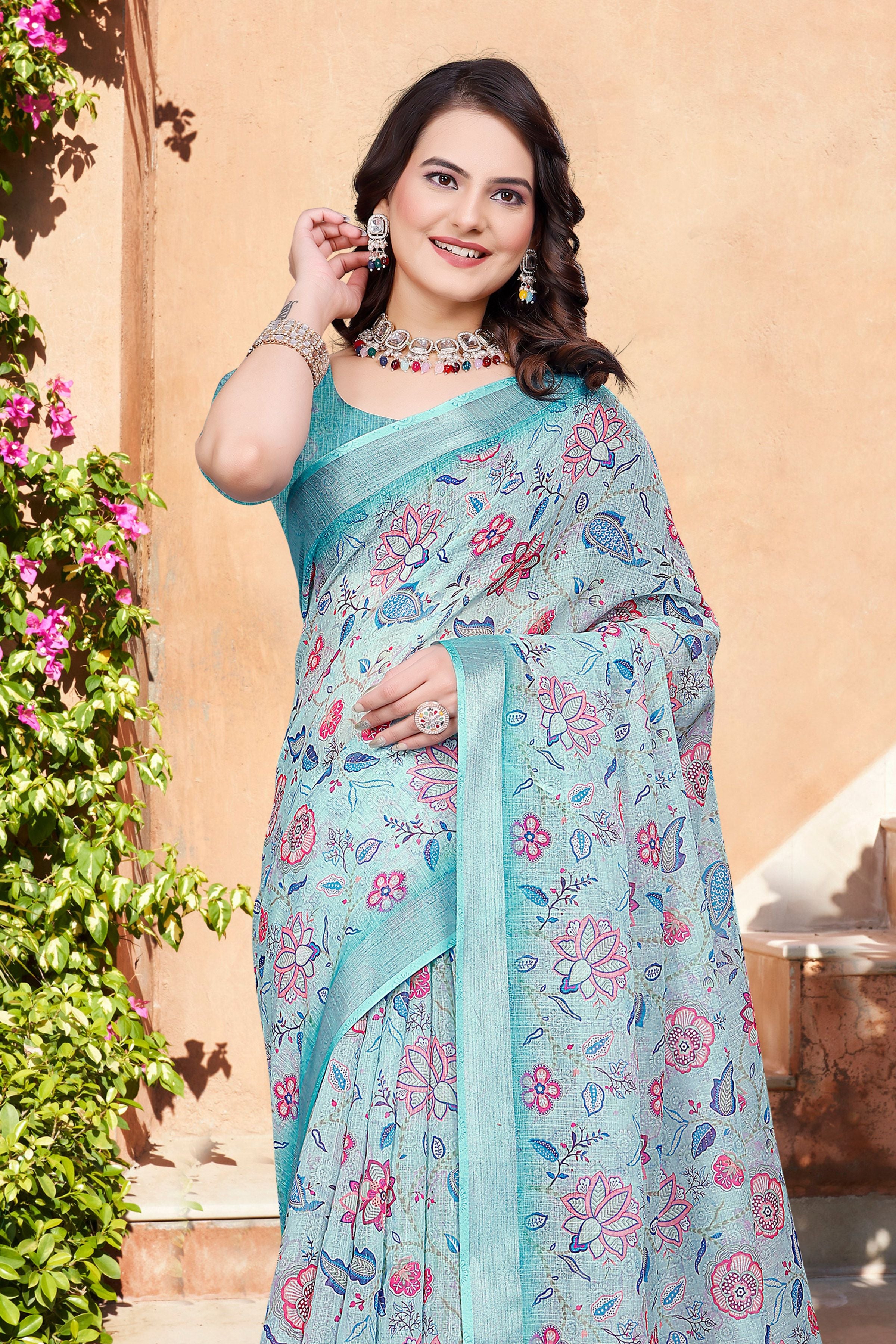 Sea Green Beautiful Designer Printed Saree With Woven Border