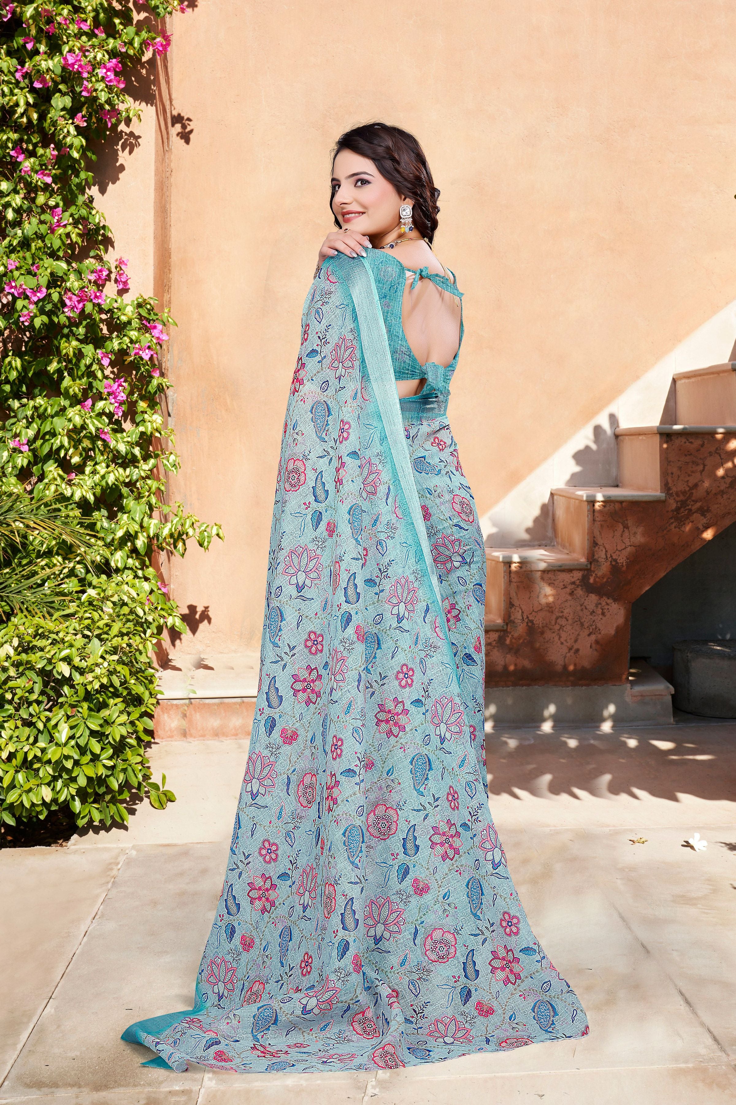 Sea Green Beautiful Designer Printed Saree With Woven Border