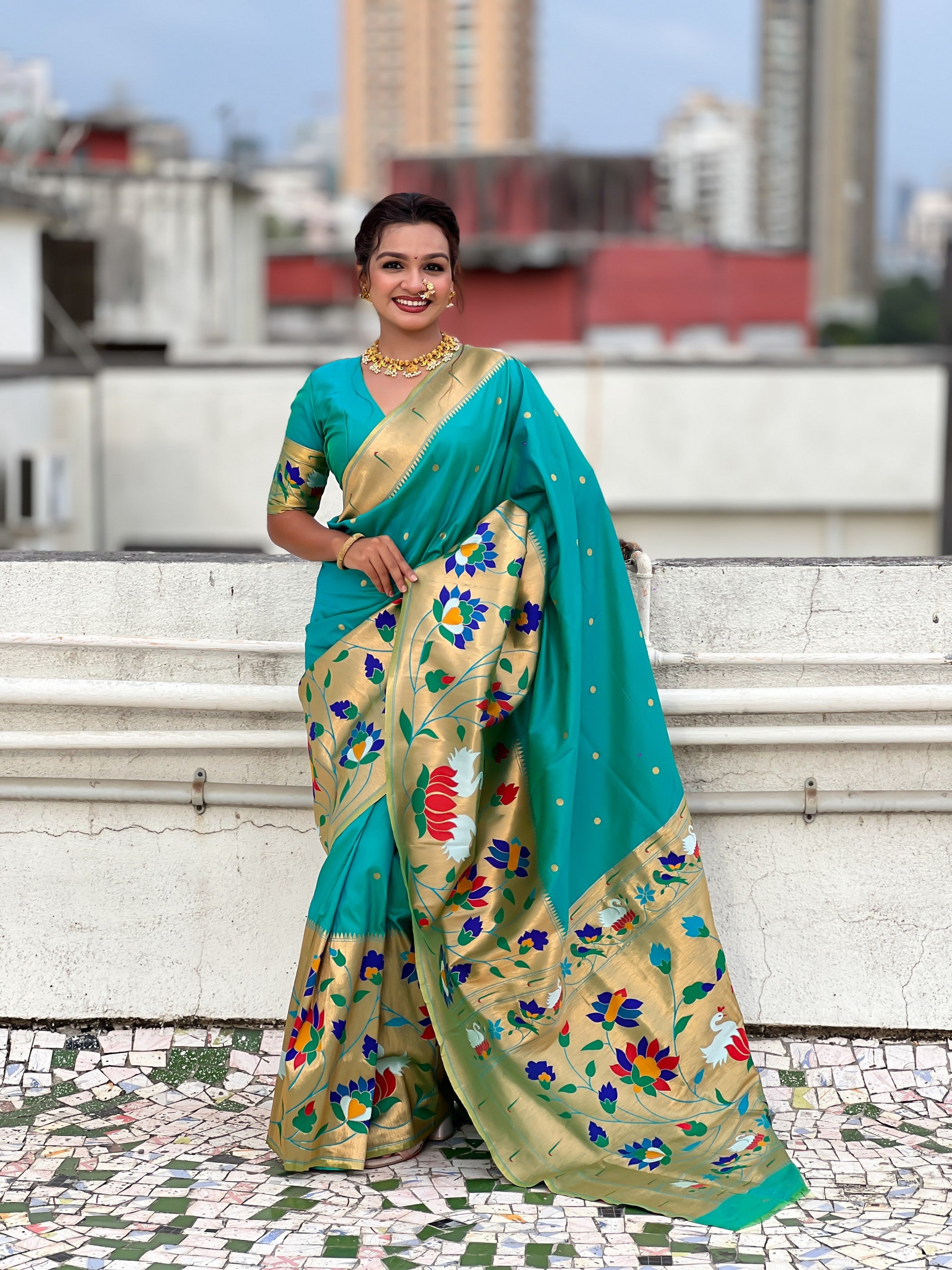 Sea Green Beautiful Woven Meenakari Polka Designer Paithani Silk Ethnic Graceful Saree