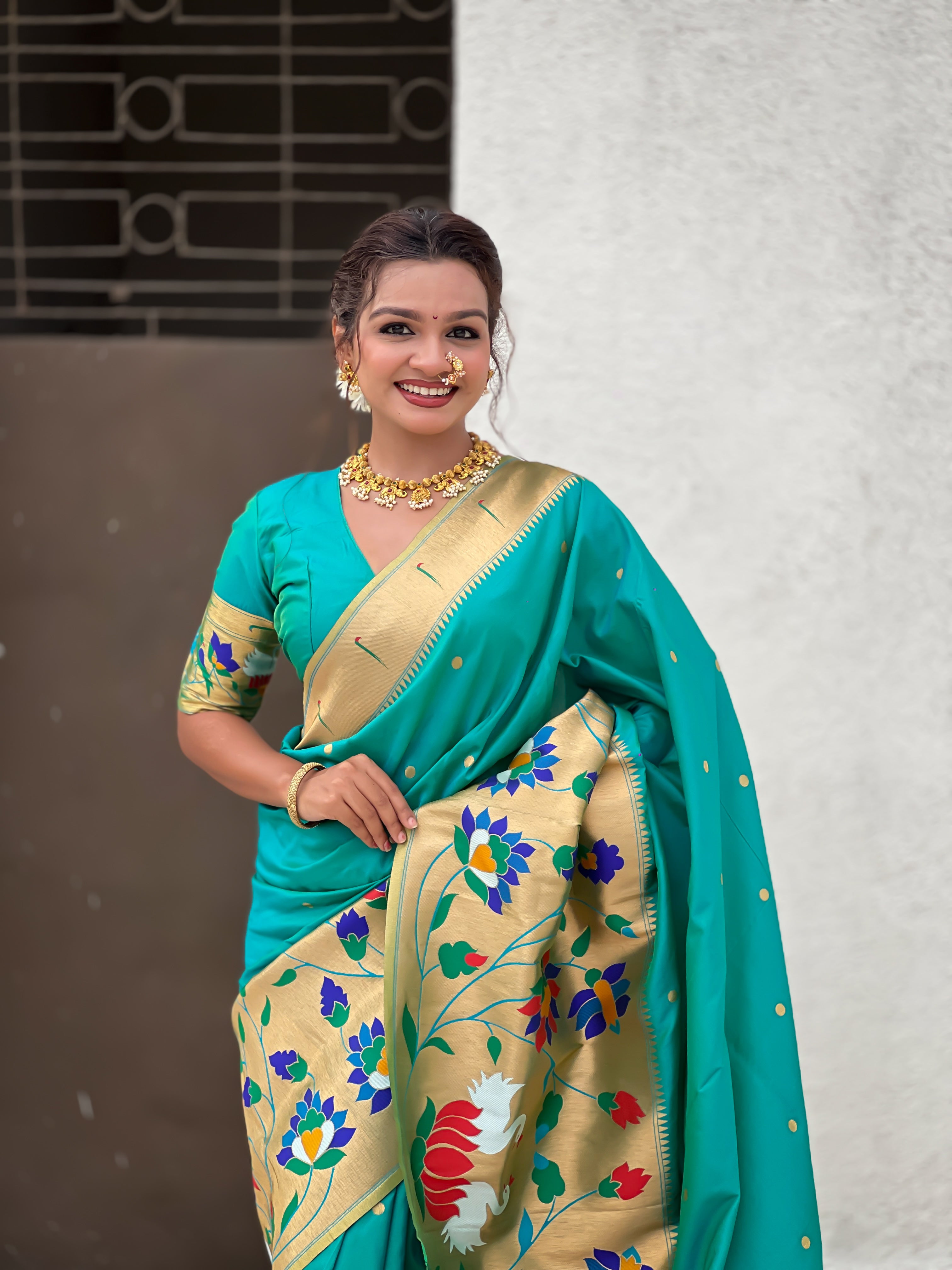 Sea Green Beautiful Woven Meenakari Polka Designer Paithani Silk Ethnic Graceful Saree