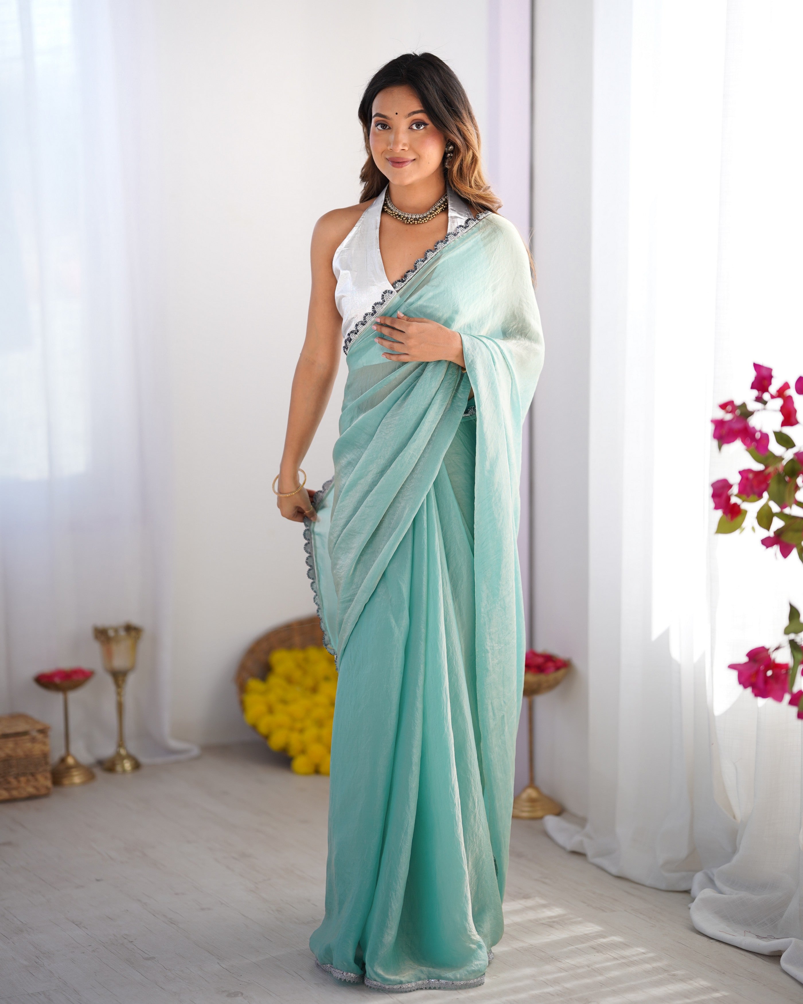 Sea Green Burberry Solid Designer With Lace Border Bollywood Style Saree