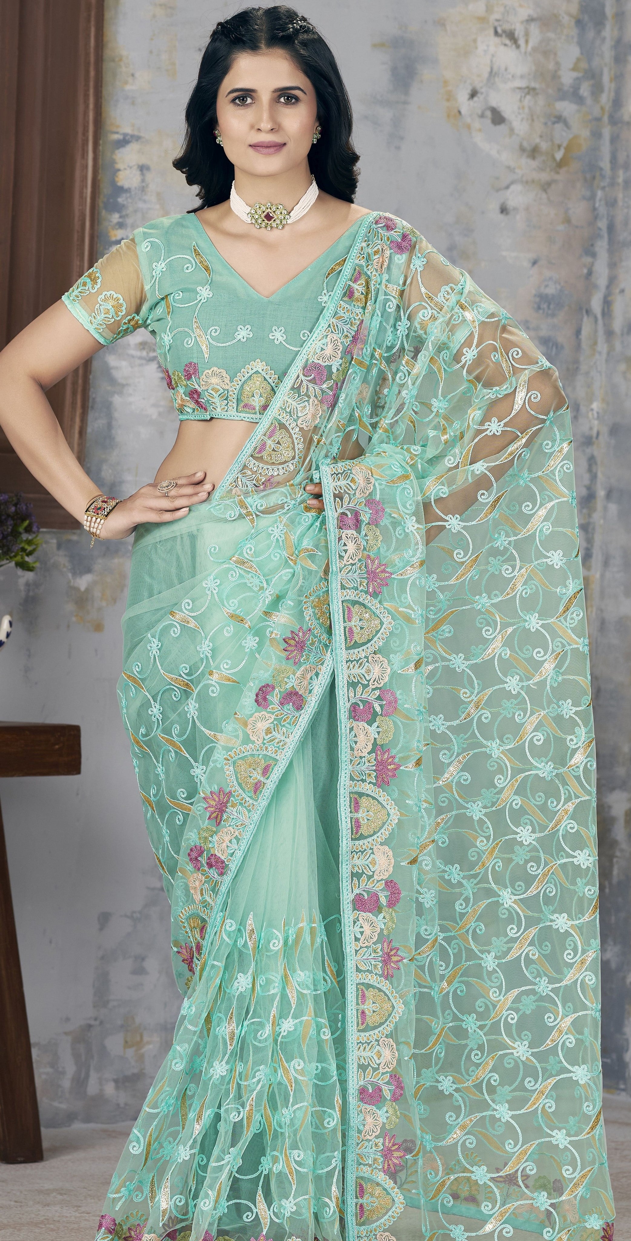 Sea Green Butterfly Net Graceful Embroidery Work Partywear Saree
